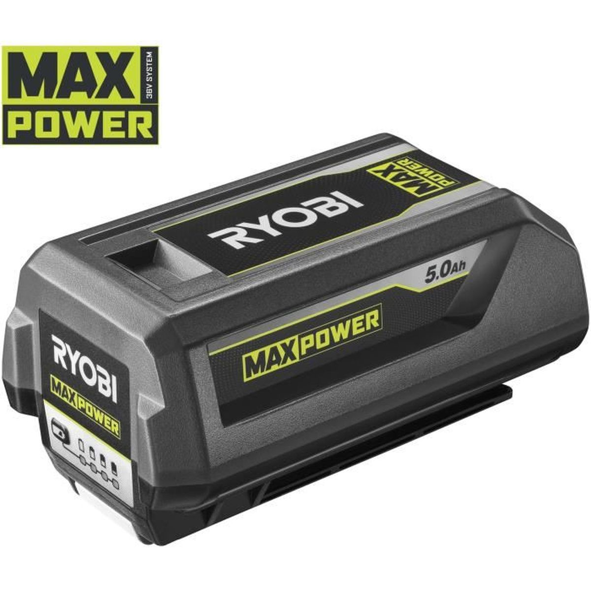 Ein schwarzer Ryobi MAX POWER 36V Akku mit 5.0Ah Kapazität.