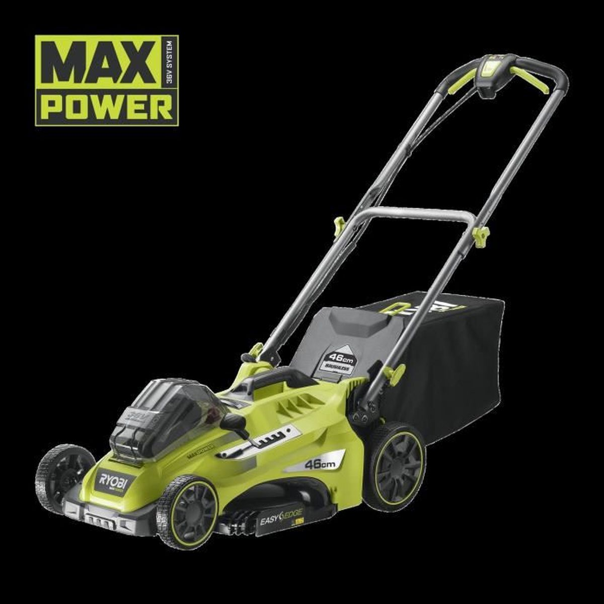 Ein gelber Ryobi-Rasenmäher mit schwarzem Grasfangsack und silbernem Griff.