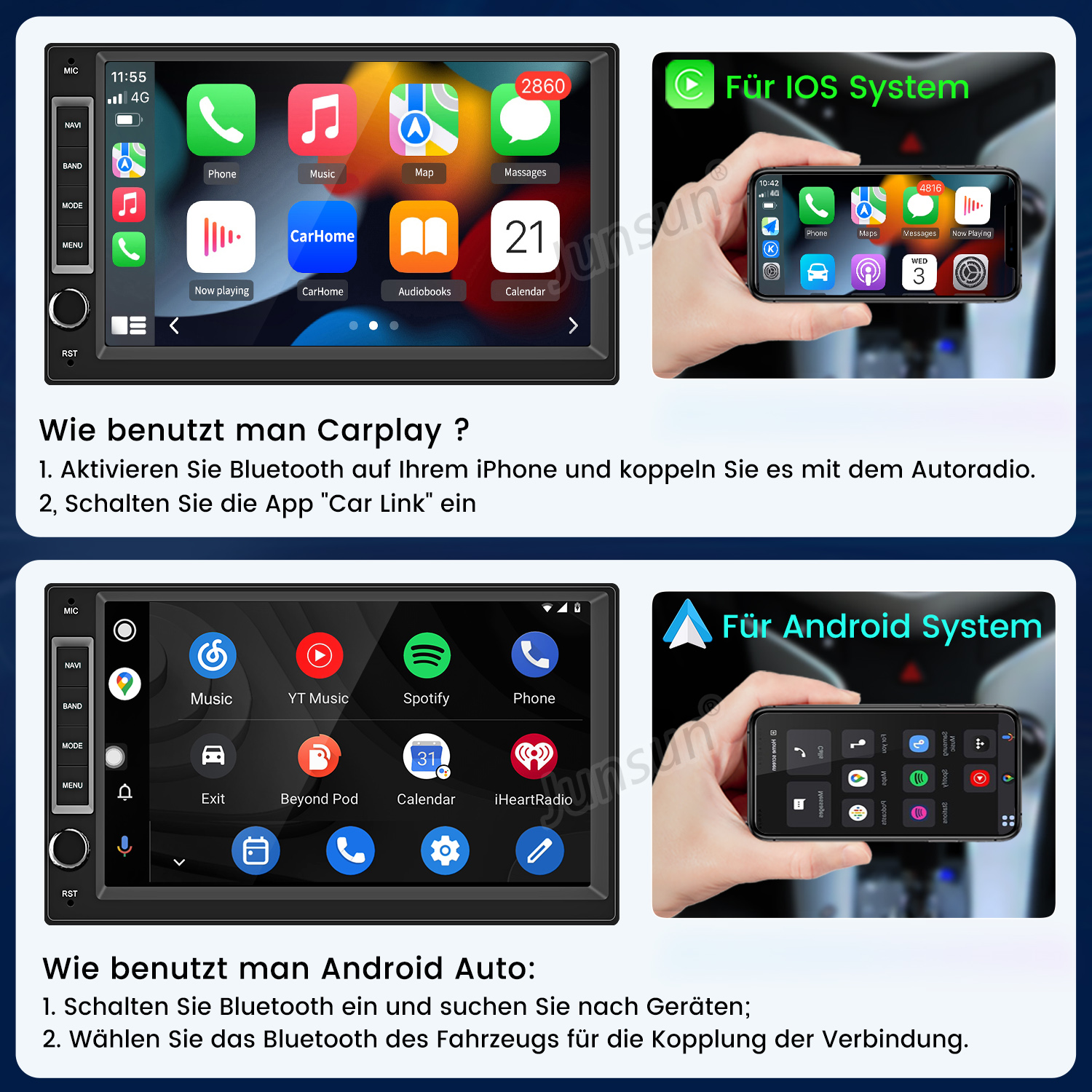 Bildschirm zeigt Carplay und Android Auto Menüs auf Autoradios.