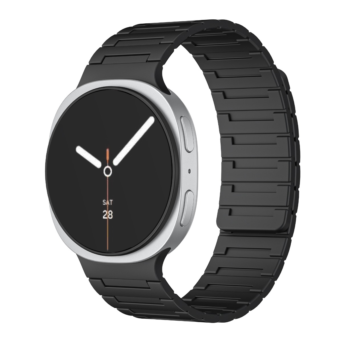 Eine Smartwatch mit schwarzem Armband und silbernem Gehäuse. Das Display zeigt eine Uhrzeit an.