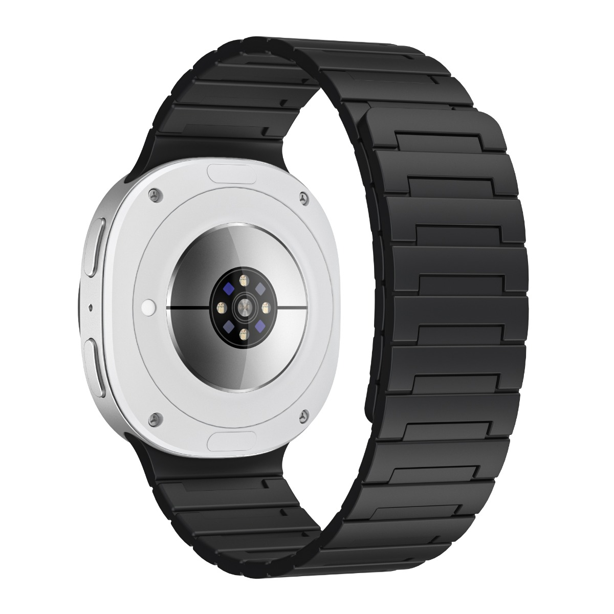 Rückansicht einer silbernen Smartwatch mit schwarzem Metallarmband und Herzfrequenzsensor.