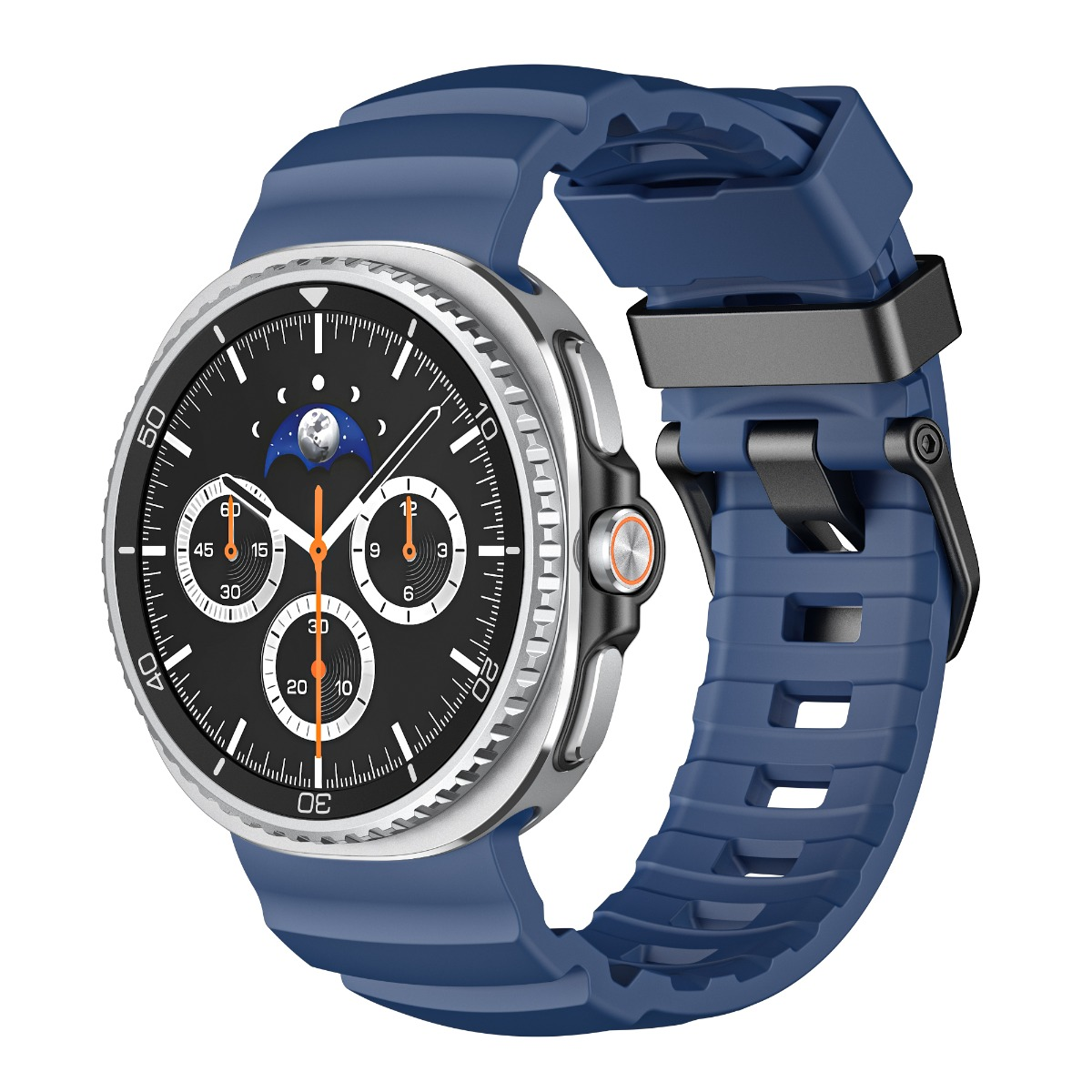 Eine blaue Smartwatch mit schwarzem Zifferblatt und silbernem Ring.