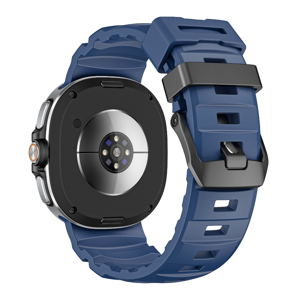 Rückseite einer blauen Smartwatch mit Herzfrequenzsensor und schwarzem Riemen.