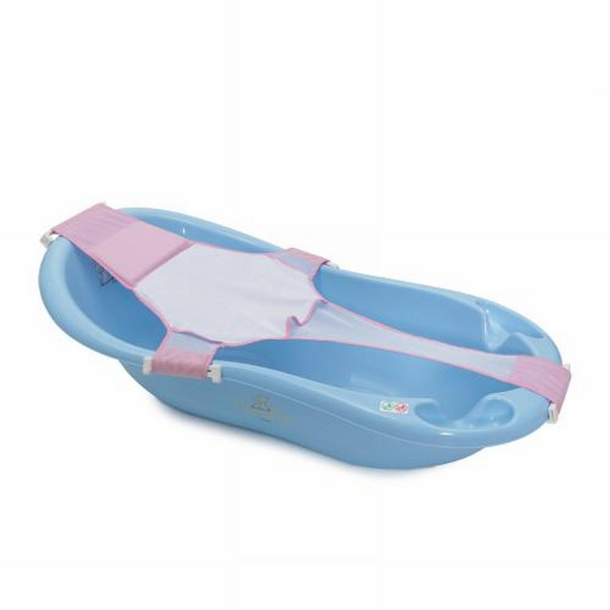 Ein blaues Babybadewannensitz mit rosa Gurten und weißem Netz.