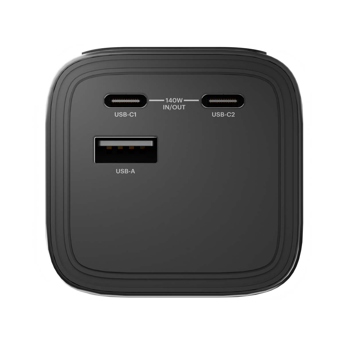 Chargeur noir avec ports USB-A, USB-C1 et USB-C2.