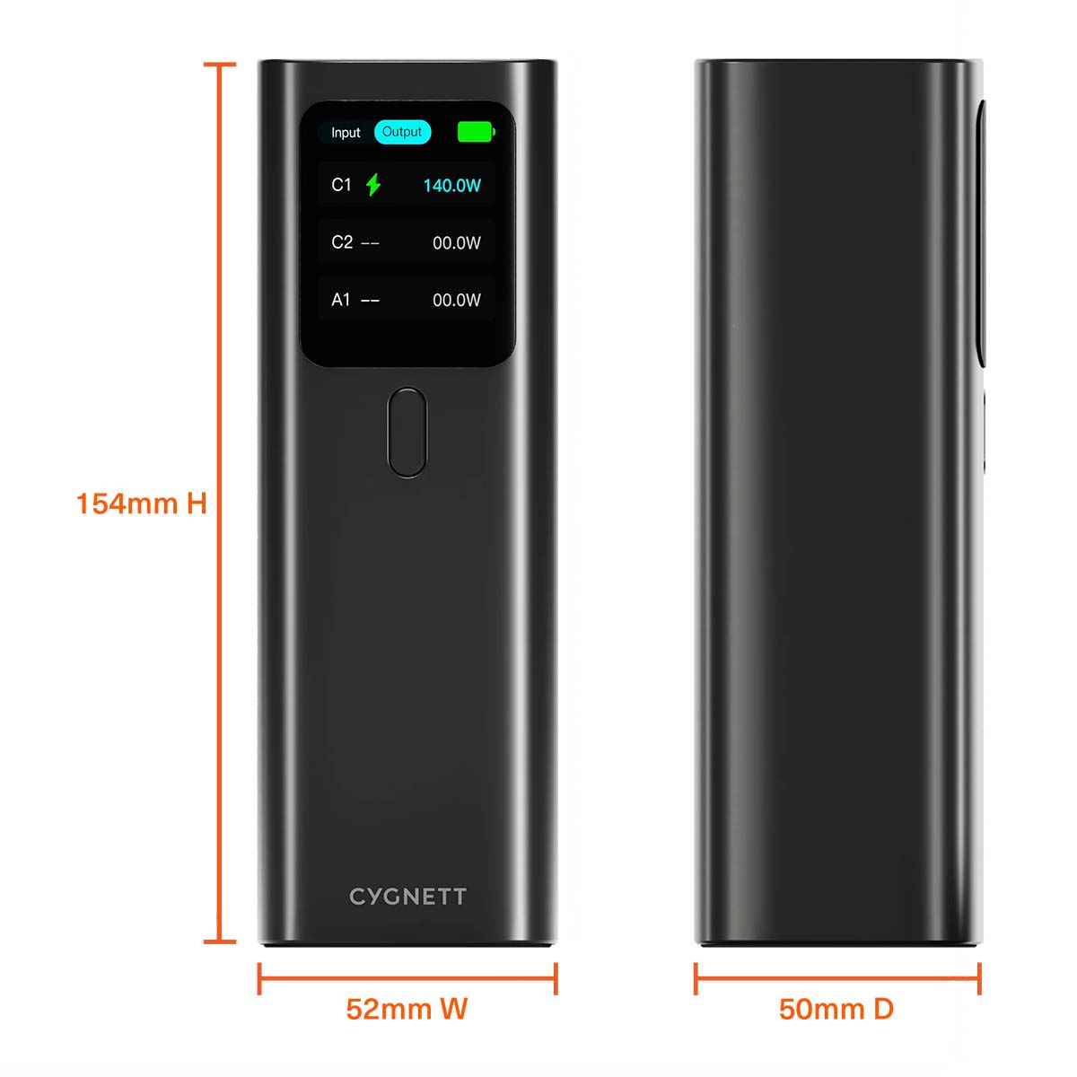 Batterie externe noire avec écran affichant 140W de sortie. Dimensions : 154x52x50mm.