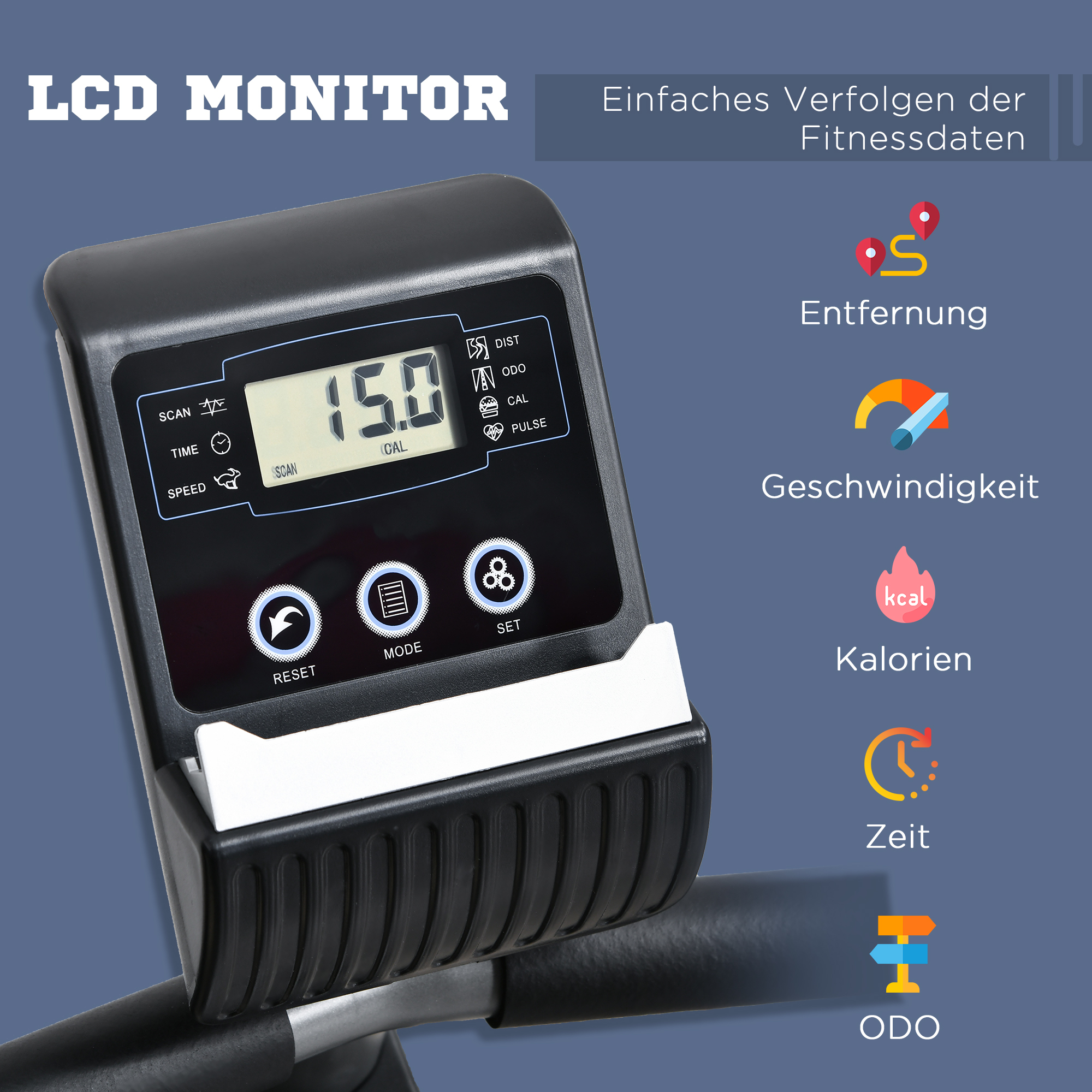 LCD Monitor zeigt Fitnessdaten wie Distanz, Zeit, Geschwindigkeit, Kalorien und Puls an.