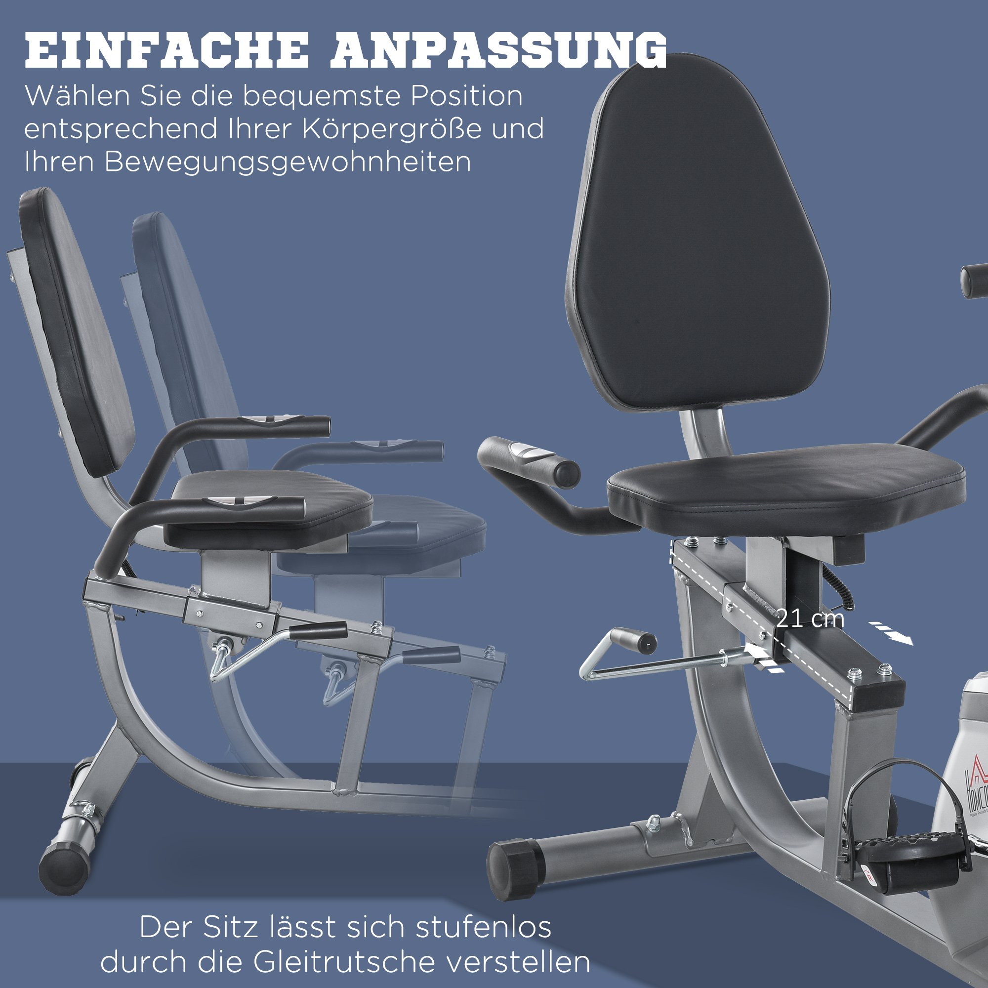 Ein Heimtrainer mit verstellbarem Sitz, der 21 cm gleiten kann.