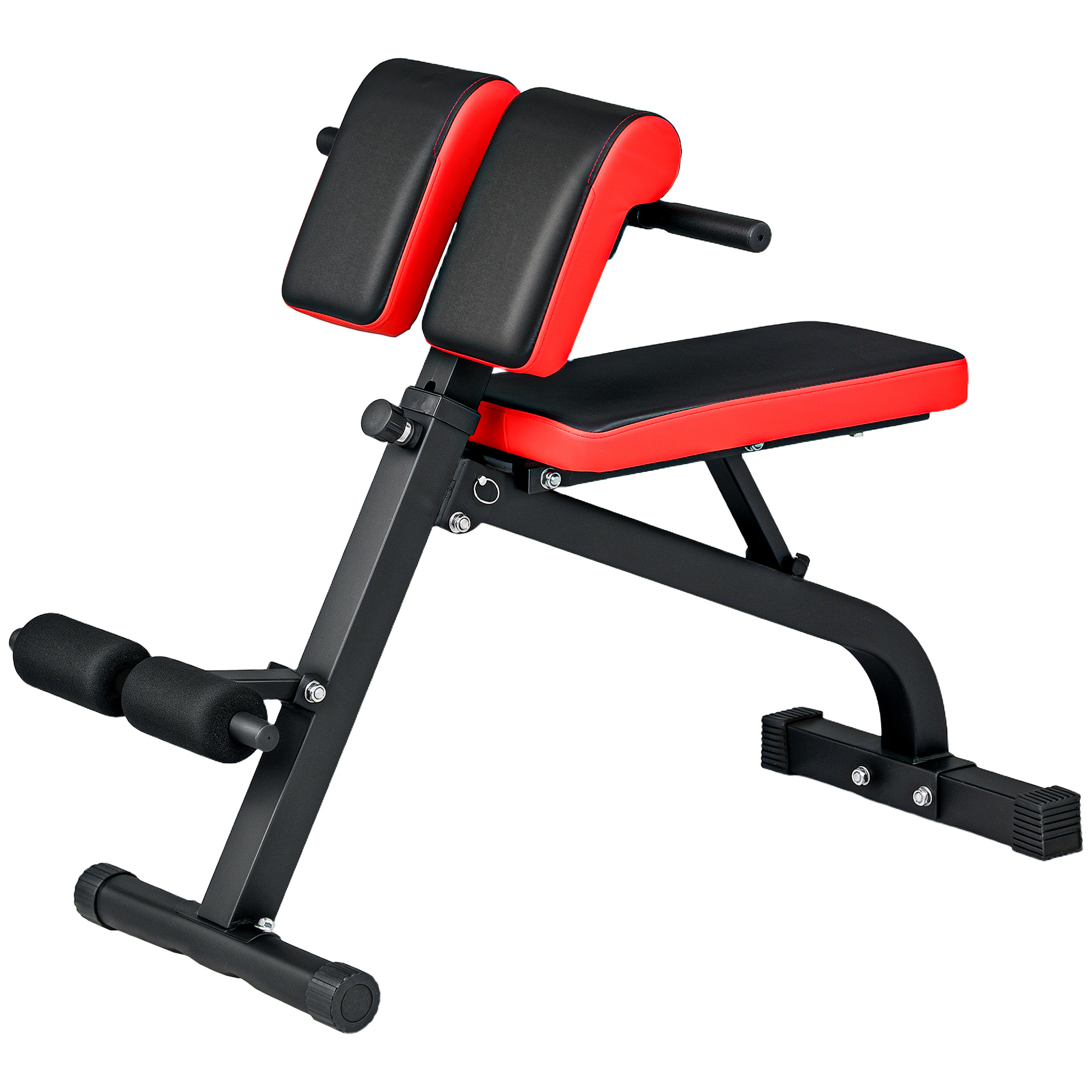 Ein schwarzes und rotes Fitnessgerät für Rückenübungen auf weißem Hintergrund.