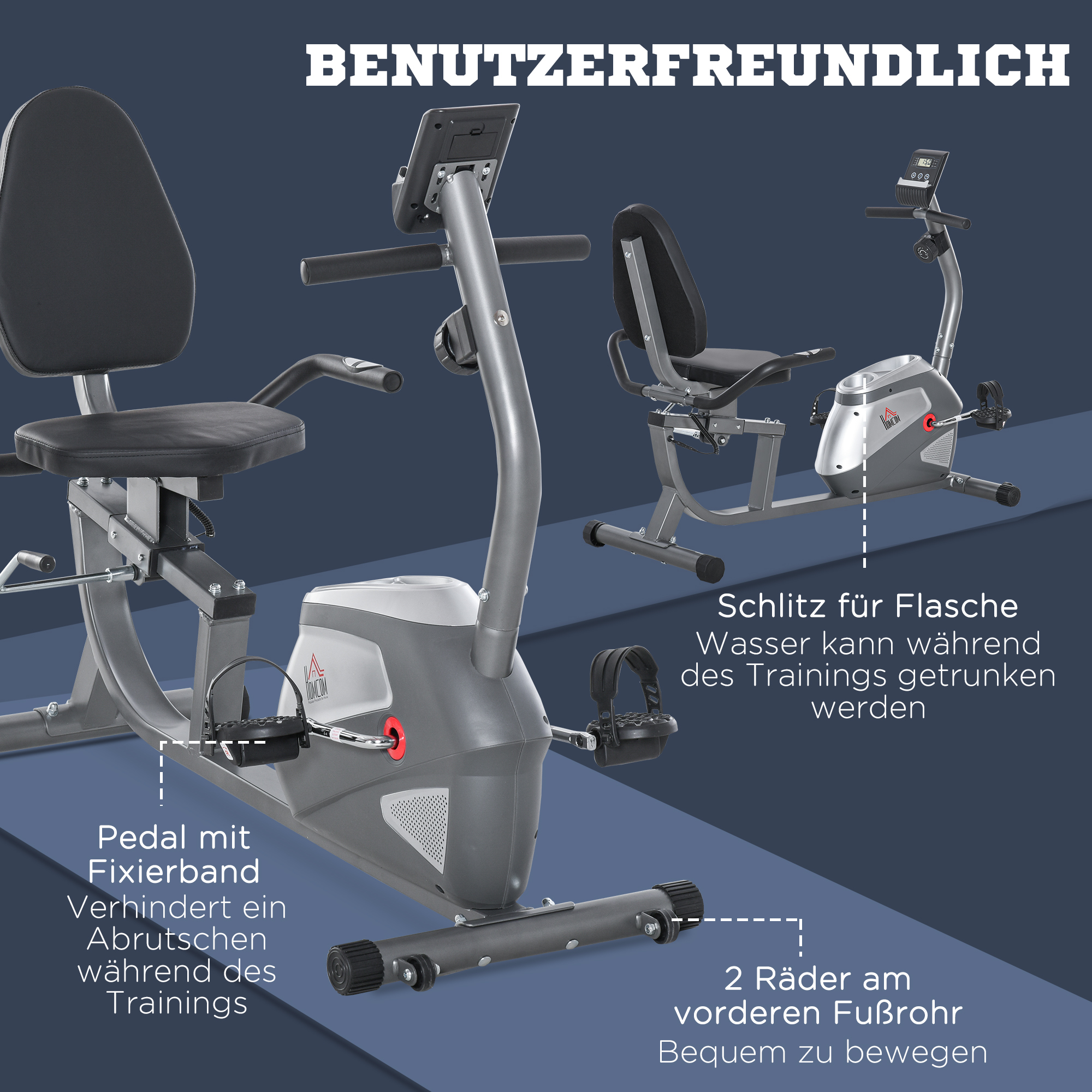 Zwei Heimtrainer mit Beschriftungen für Flaschenhalter, Pedale und Räder.