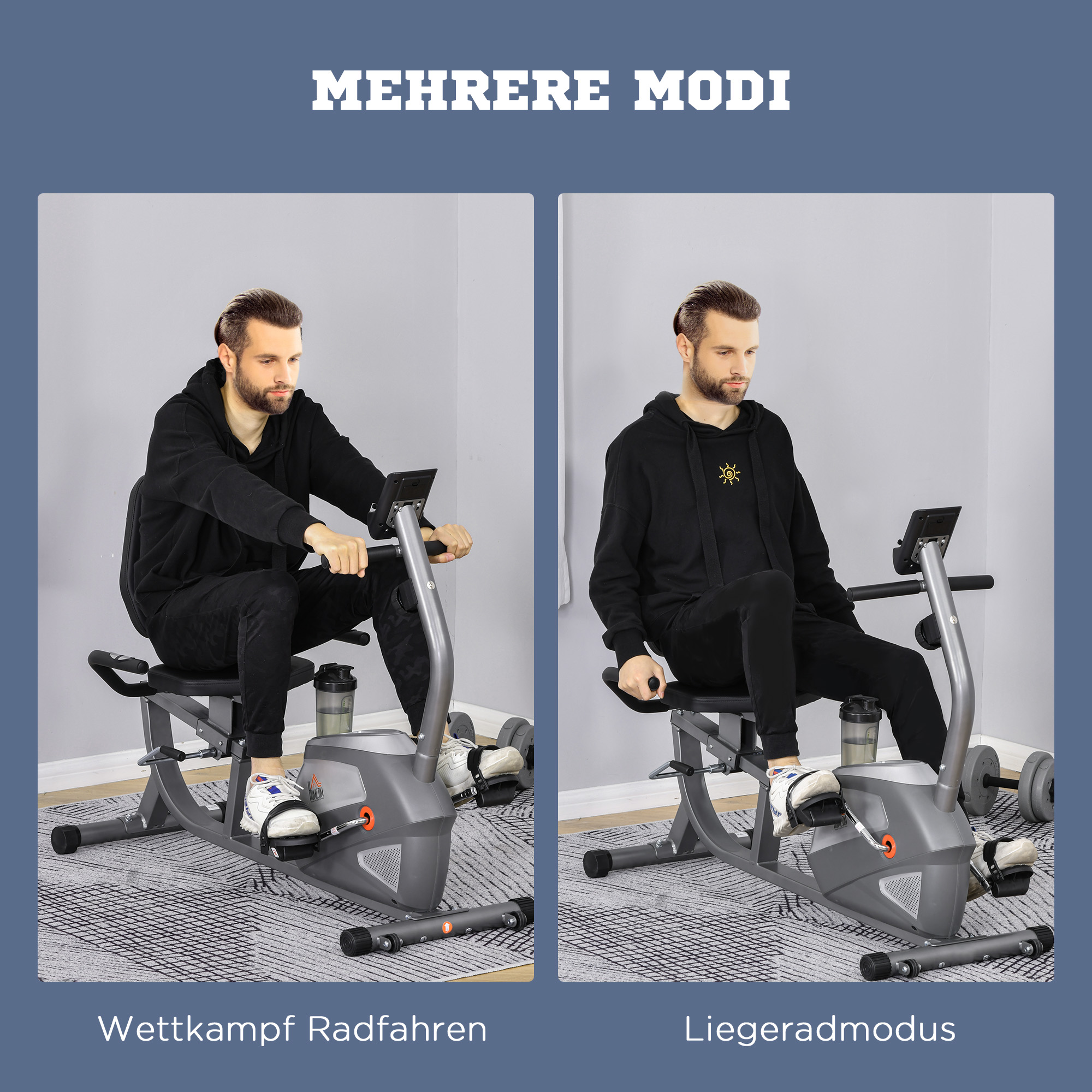 Mann auf einem Heimtrainer in zwei Modi: Wettkampf und Liegerad.