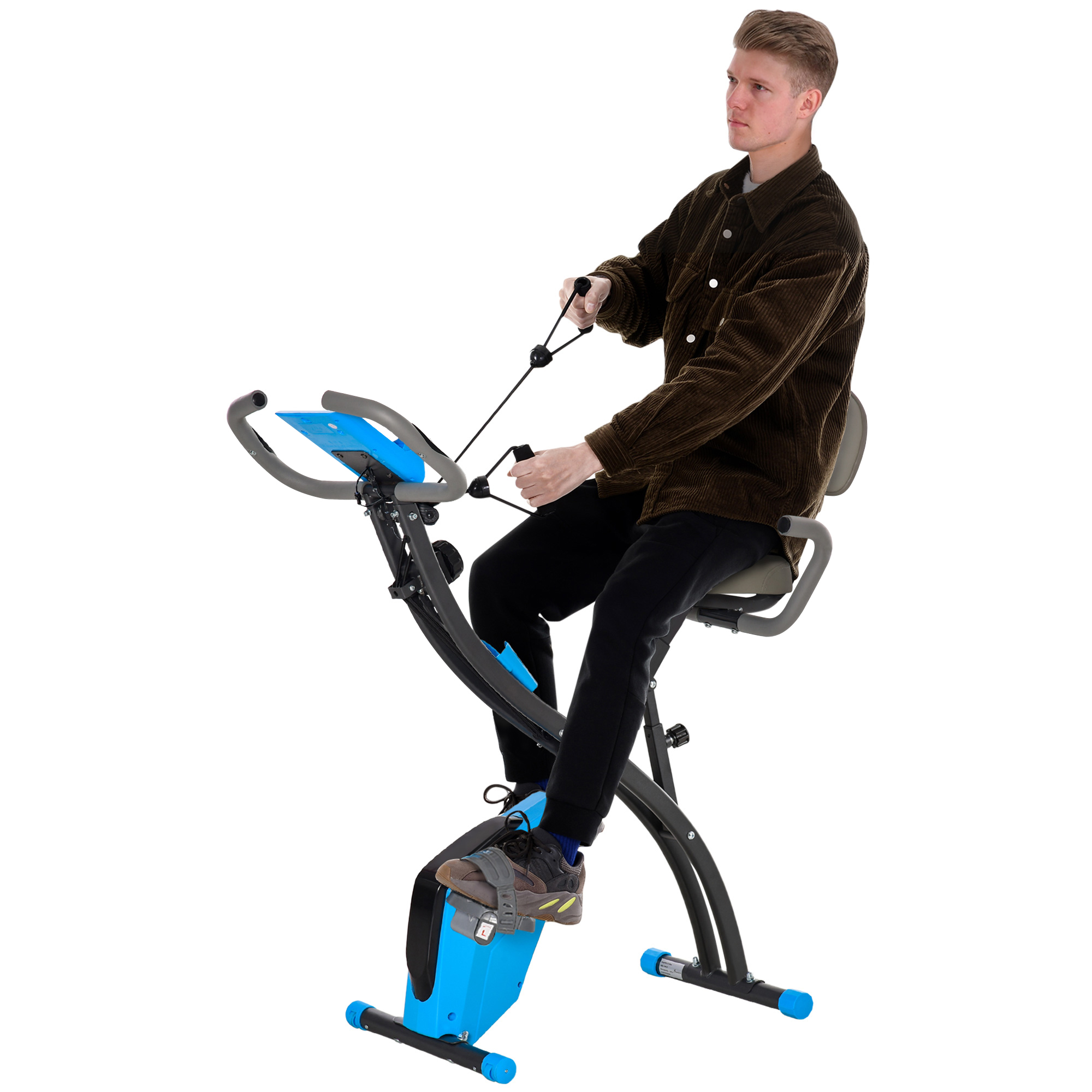 Ein Mann trainiert auf einem Heimtrainer mit integrierten Widerstandsbändern.