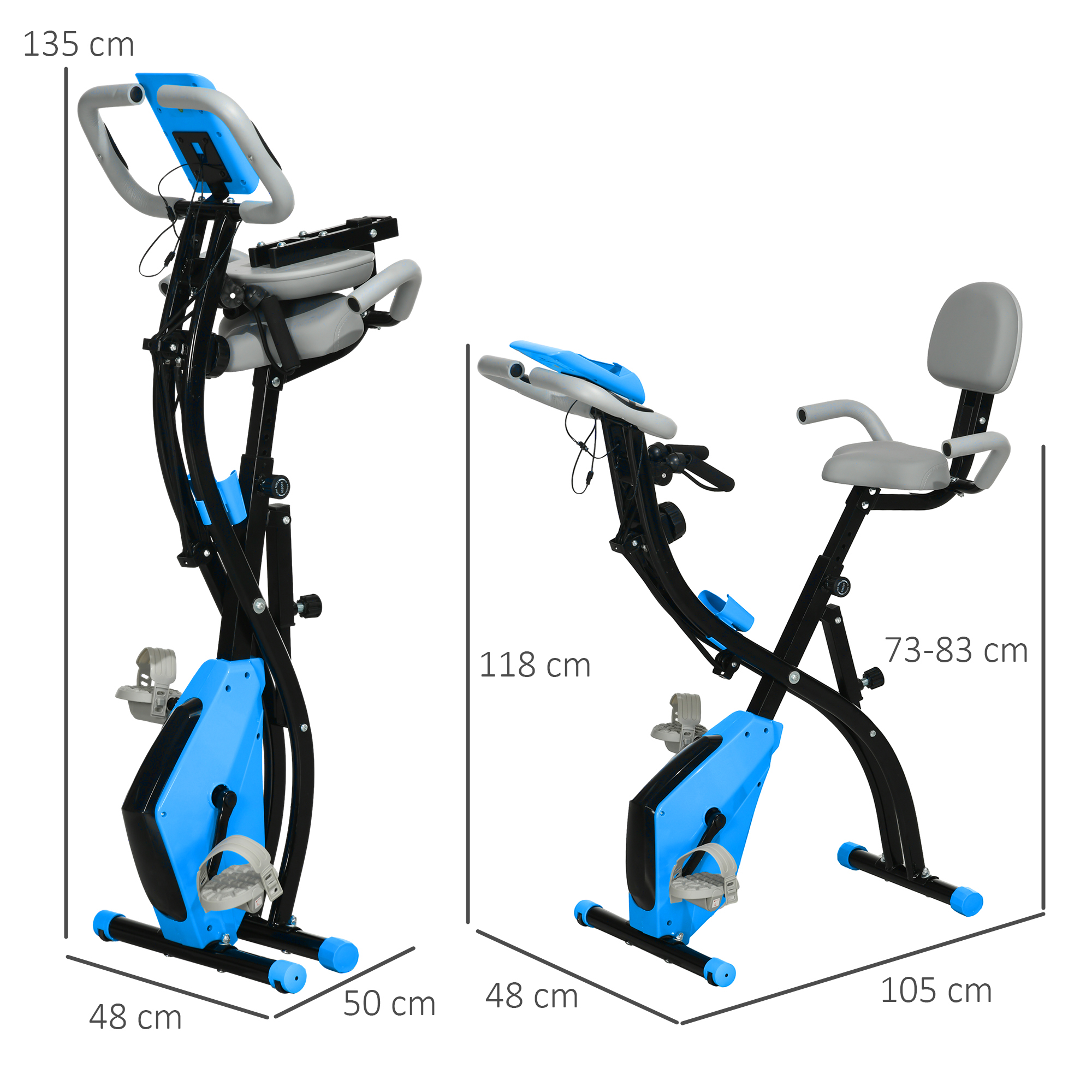 Zwei aufgestellte Heimtrainer, schwarz und blau, mit Maßen.