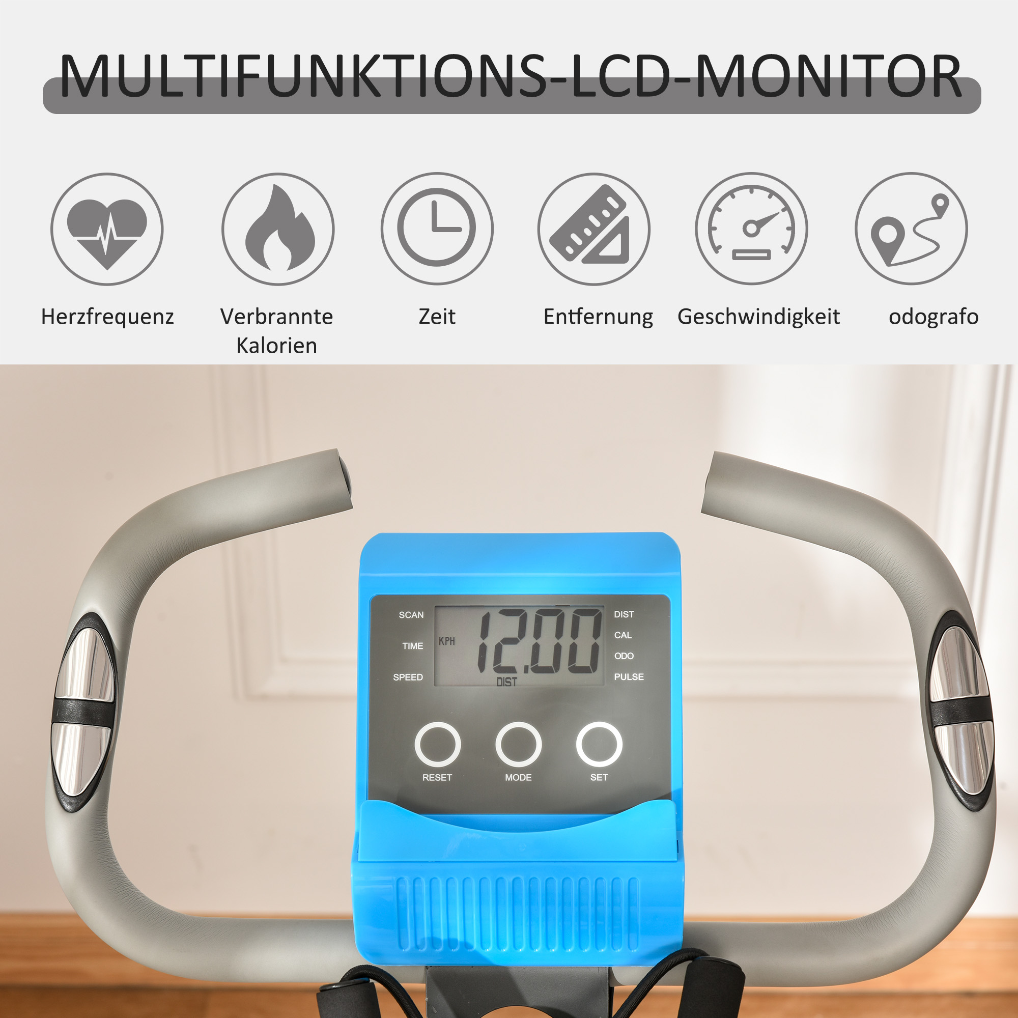 Multifunktions-LCD-Monitor mit Herzfrequenz, Kalorien, Zeit, Entfernung und Geschwindigkeit.
