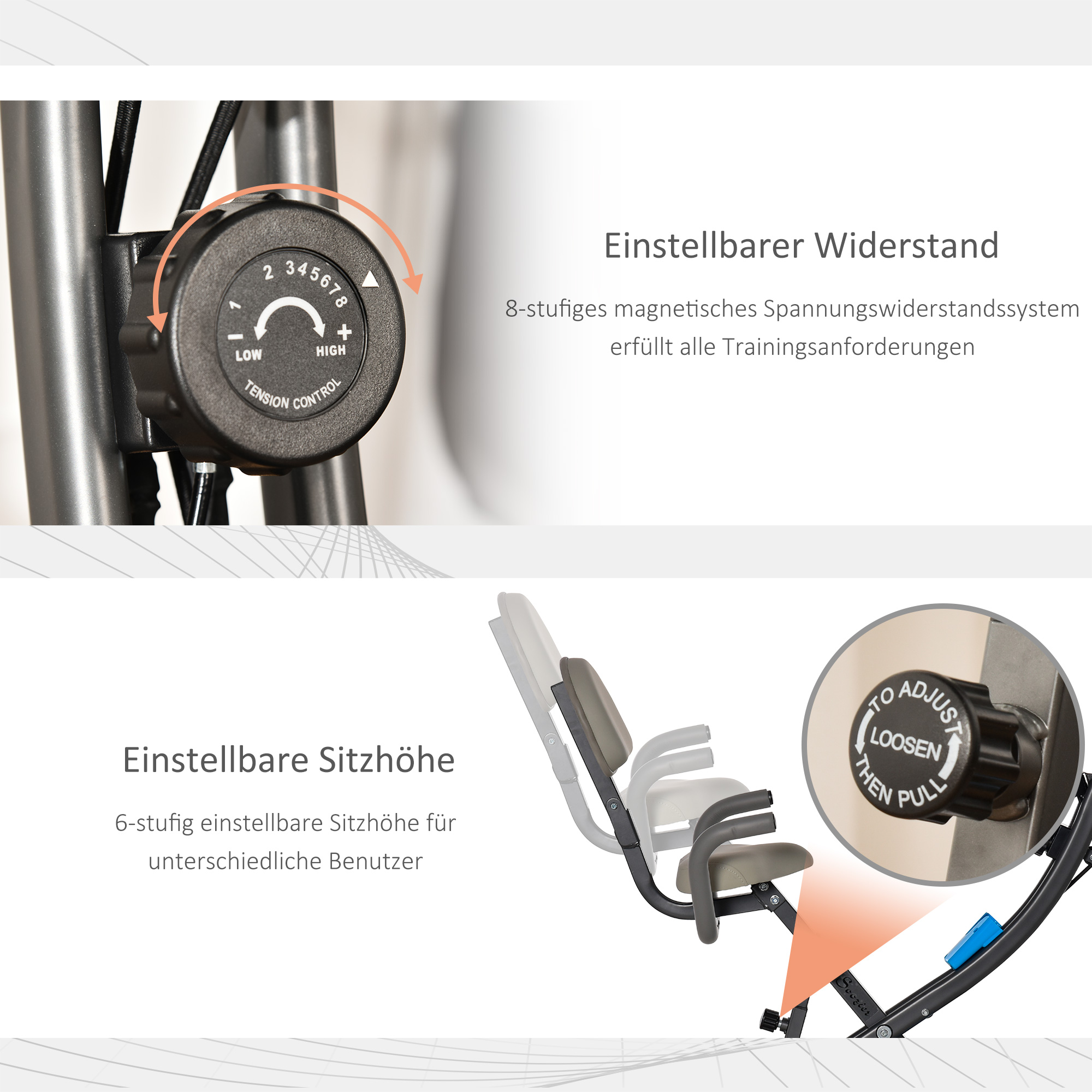 Ein Trainingsgerät mit einstellbarem Widerstand und Sitzhöhe.