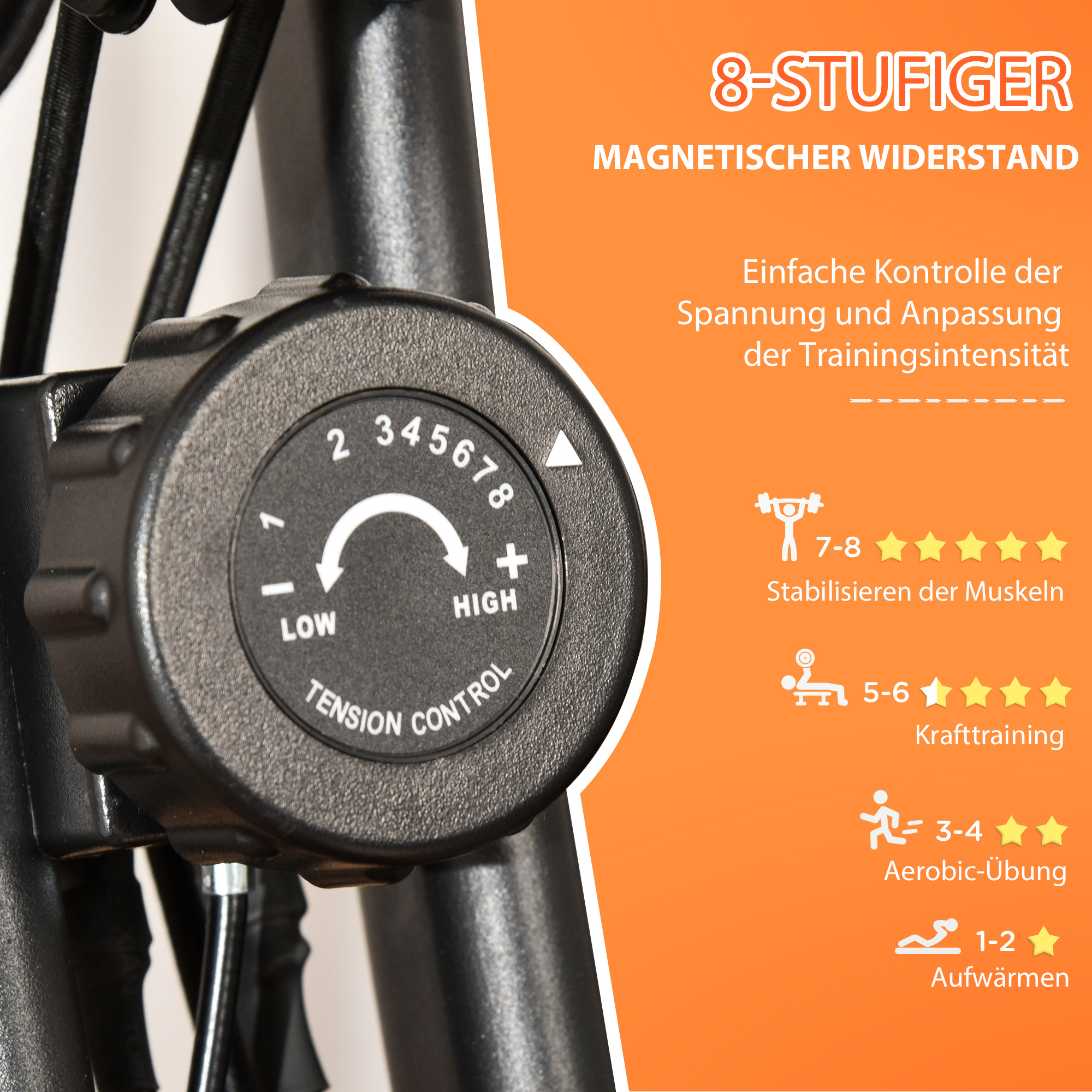 Nahaufnahme des Einstellknopfs für den magnetischen Widerstand eines Heimtrainers.