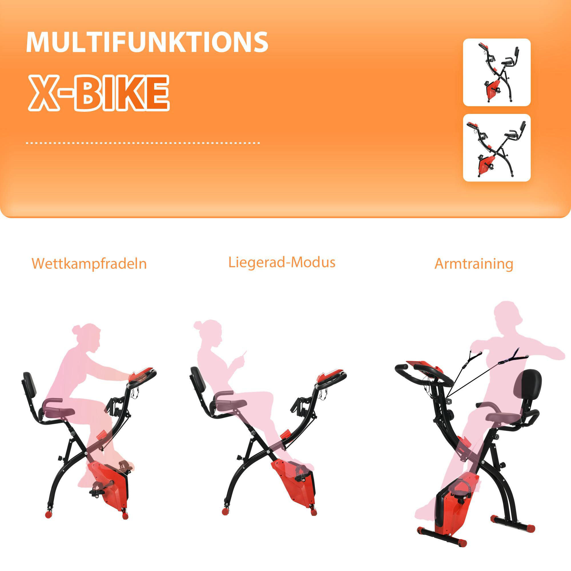 Ein rotes und schwarzes Multifunktions-X-Bike wird in drei Modi gezeigt: Rennrad, Liegeergometer und Armtraining.