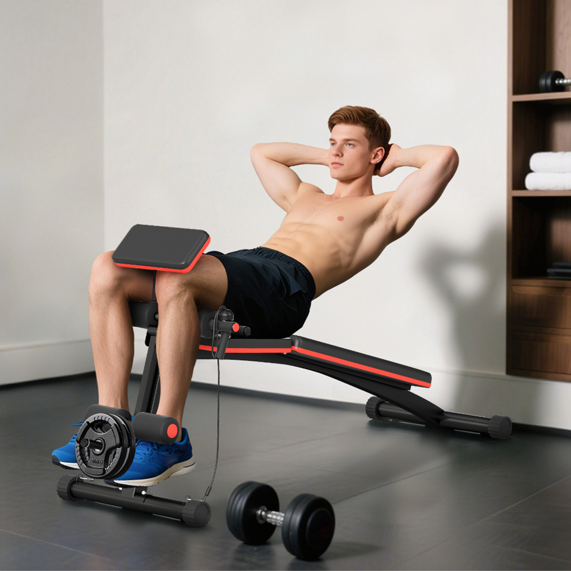 Ein Mann macht Sit-ups auf einer Hantelbank mit roten Akzenten.