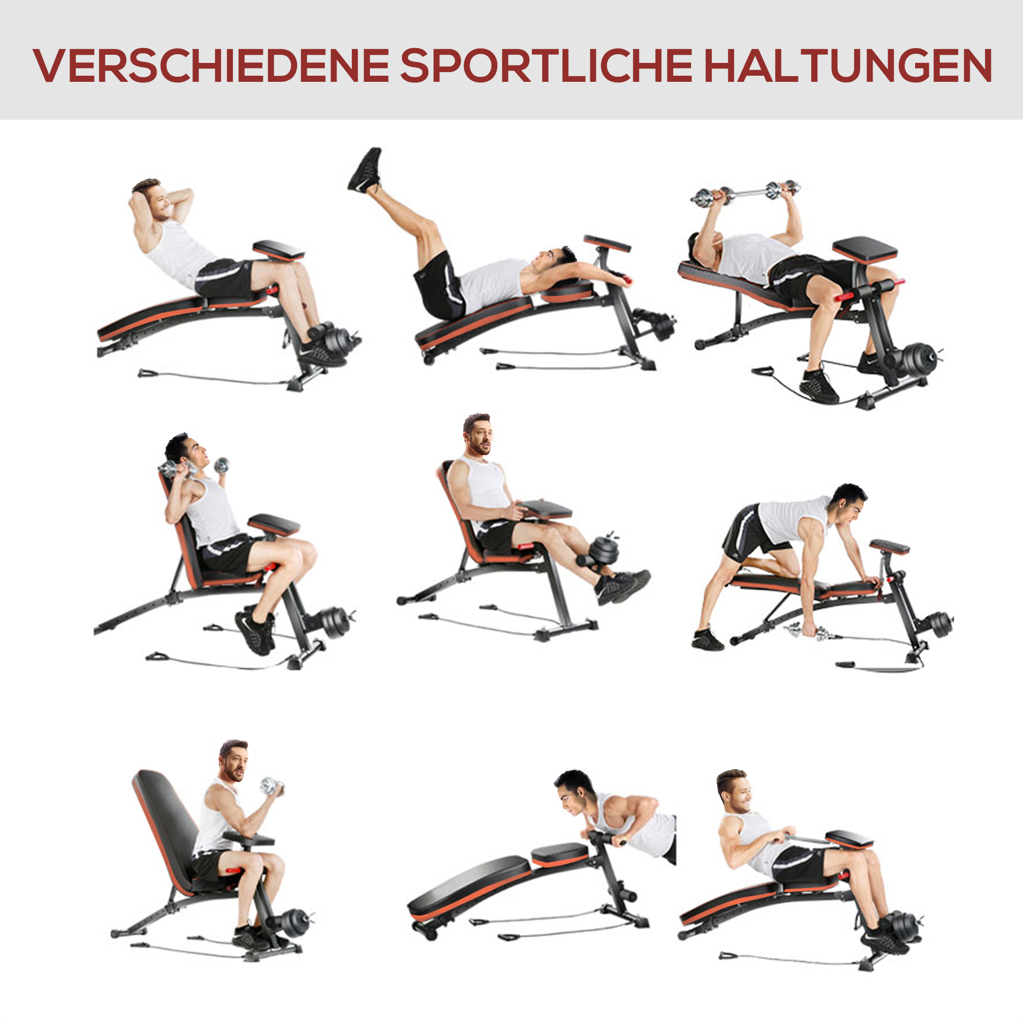 Männer trainieren auf Hantelbänken in verschiedenen Posen.