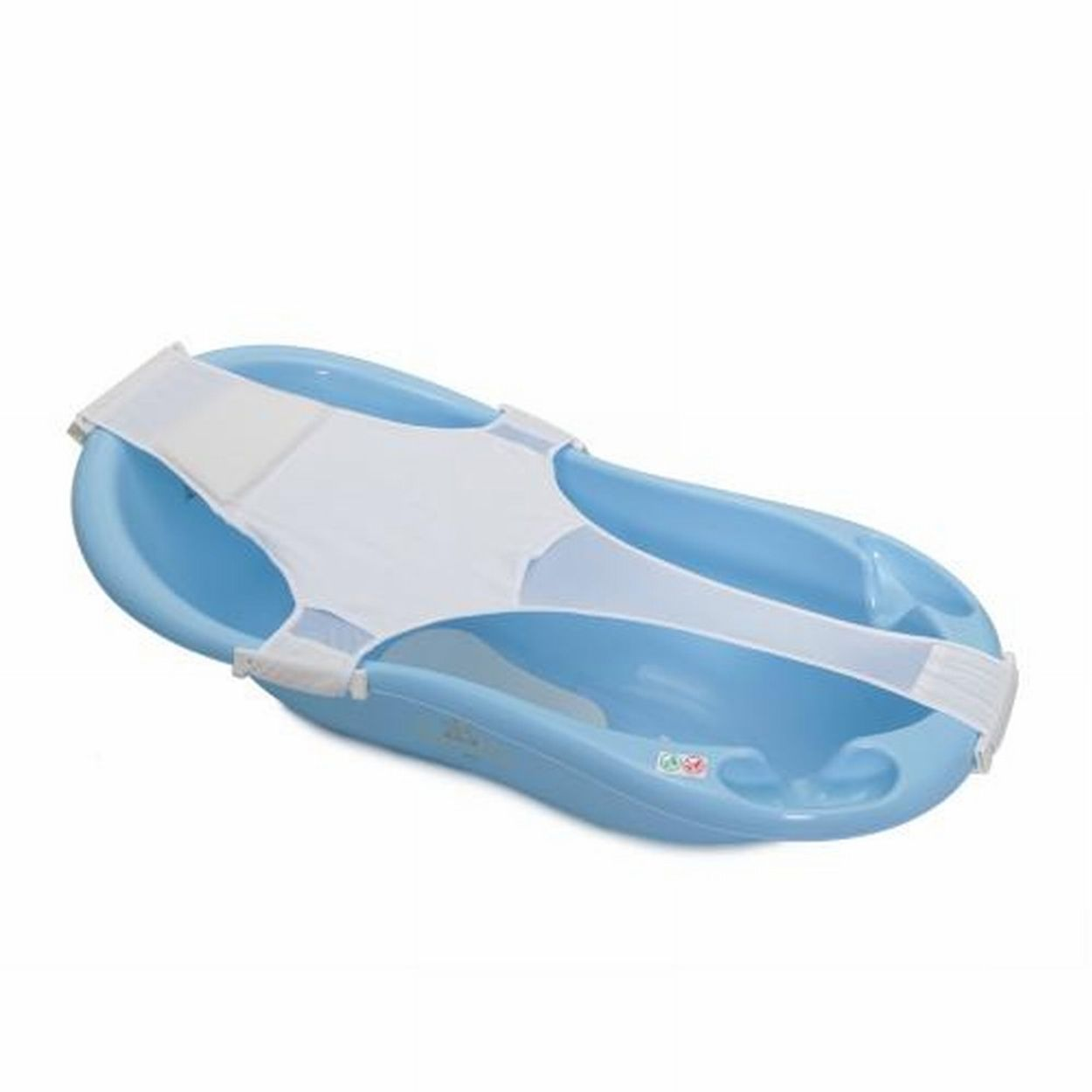 Eine blaue Babybadewanne mit einer befestigten weißen Netzschaukel. Die Schaukel hat Gurte.