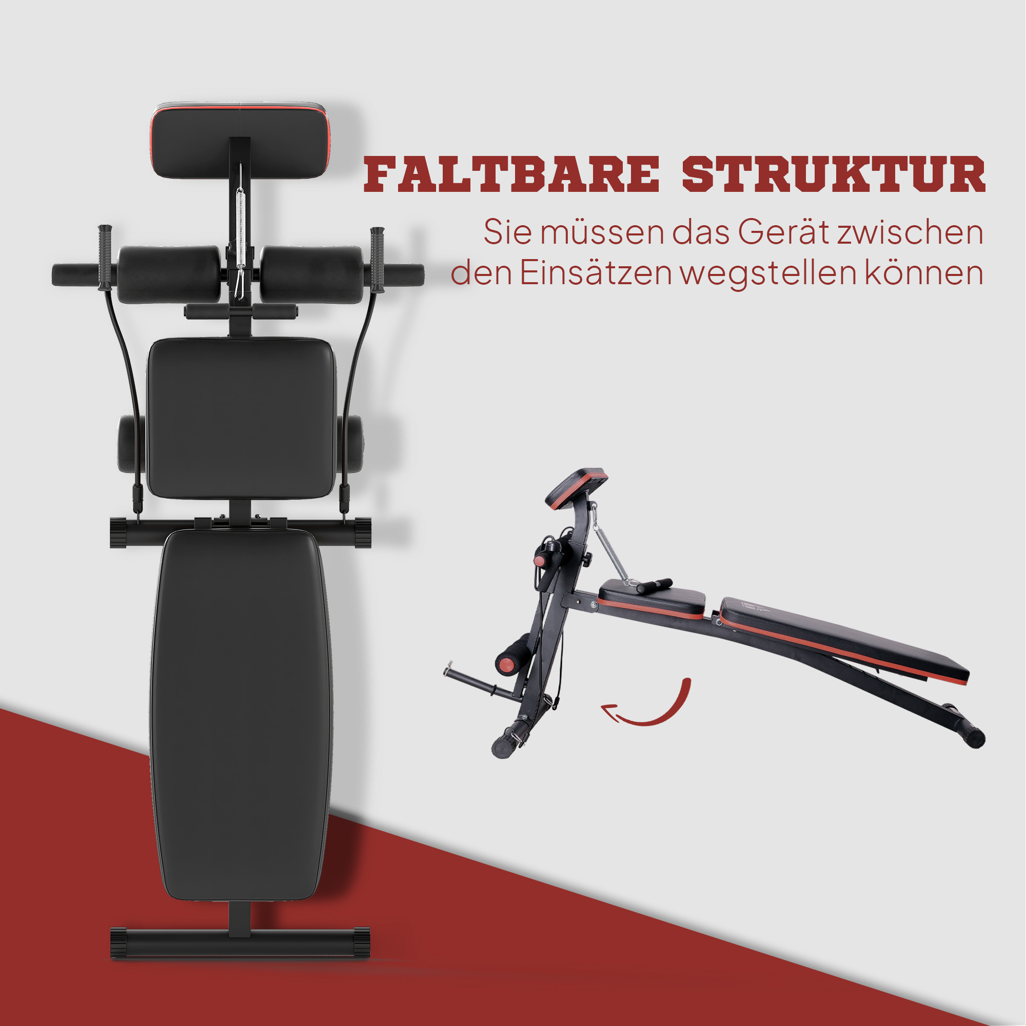 Ein schwarzes Fitnessgerät mit roten Akzenten, ausgeklappt und zusammengeklappt.