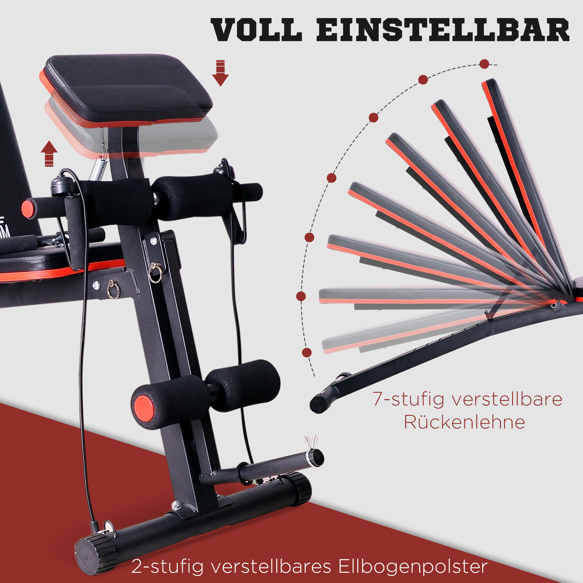 Ein schwarzes Fitnessgerät mit roten Akzenten, verstellbare Rückenlehne und Ellbogenpolster.