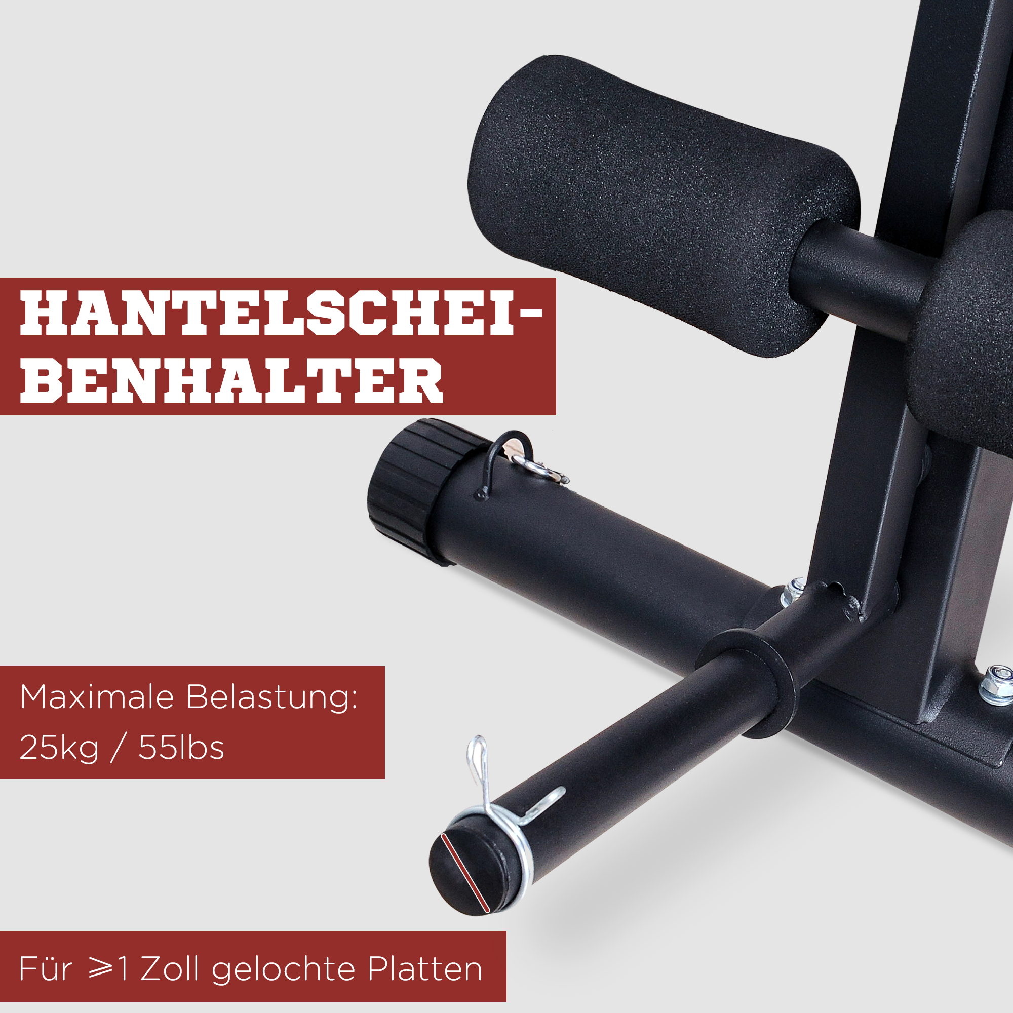 Schwarzer Hantelscheibenhalter mit zwei gepolsterten Rollen und maximal 25kg Belastung.