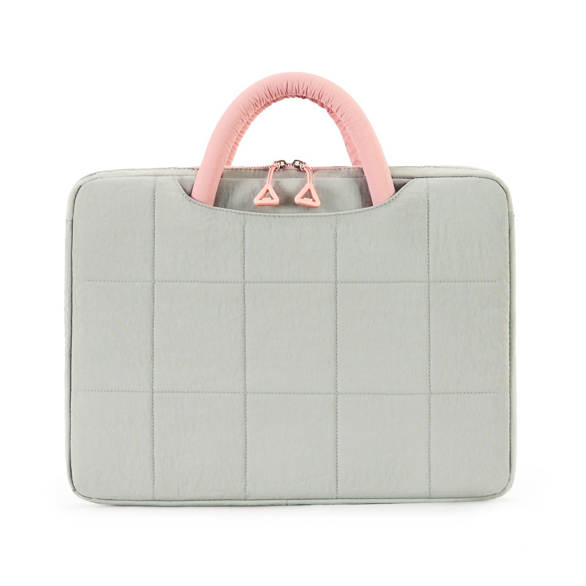 Graue Laptop-Tasche mit gepolsterten Griffen und Reißverschluss.