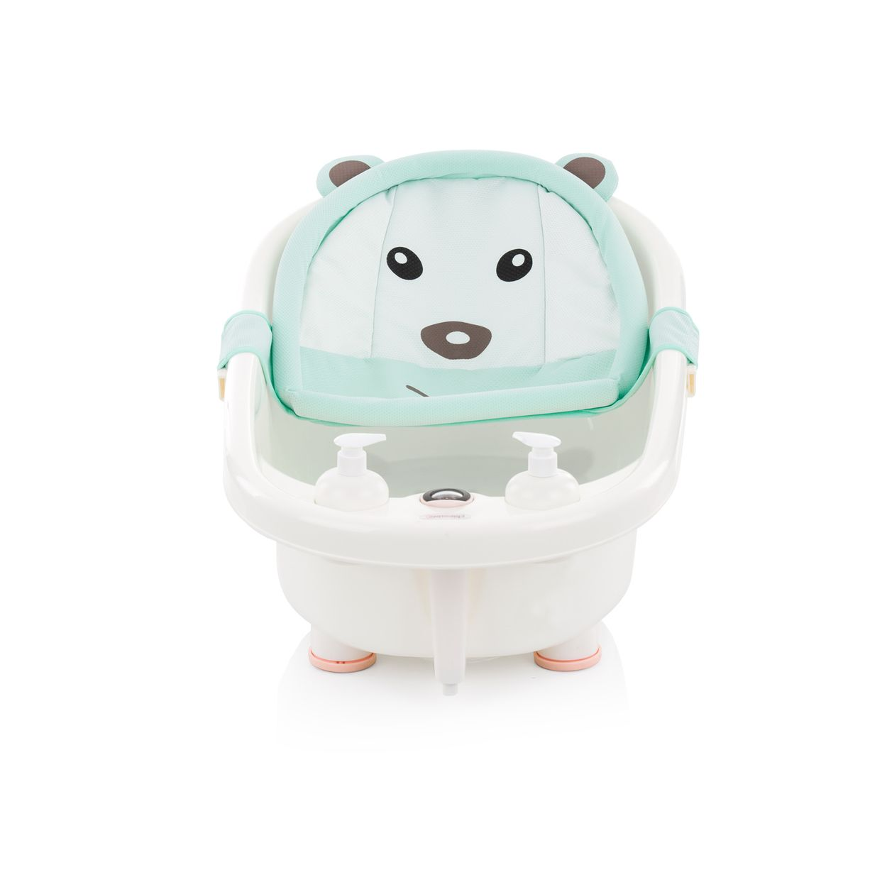 Babybadewanne mit süßer Eisbär-Applikation und zwei Seifenspendern.