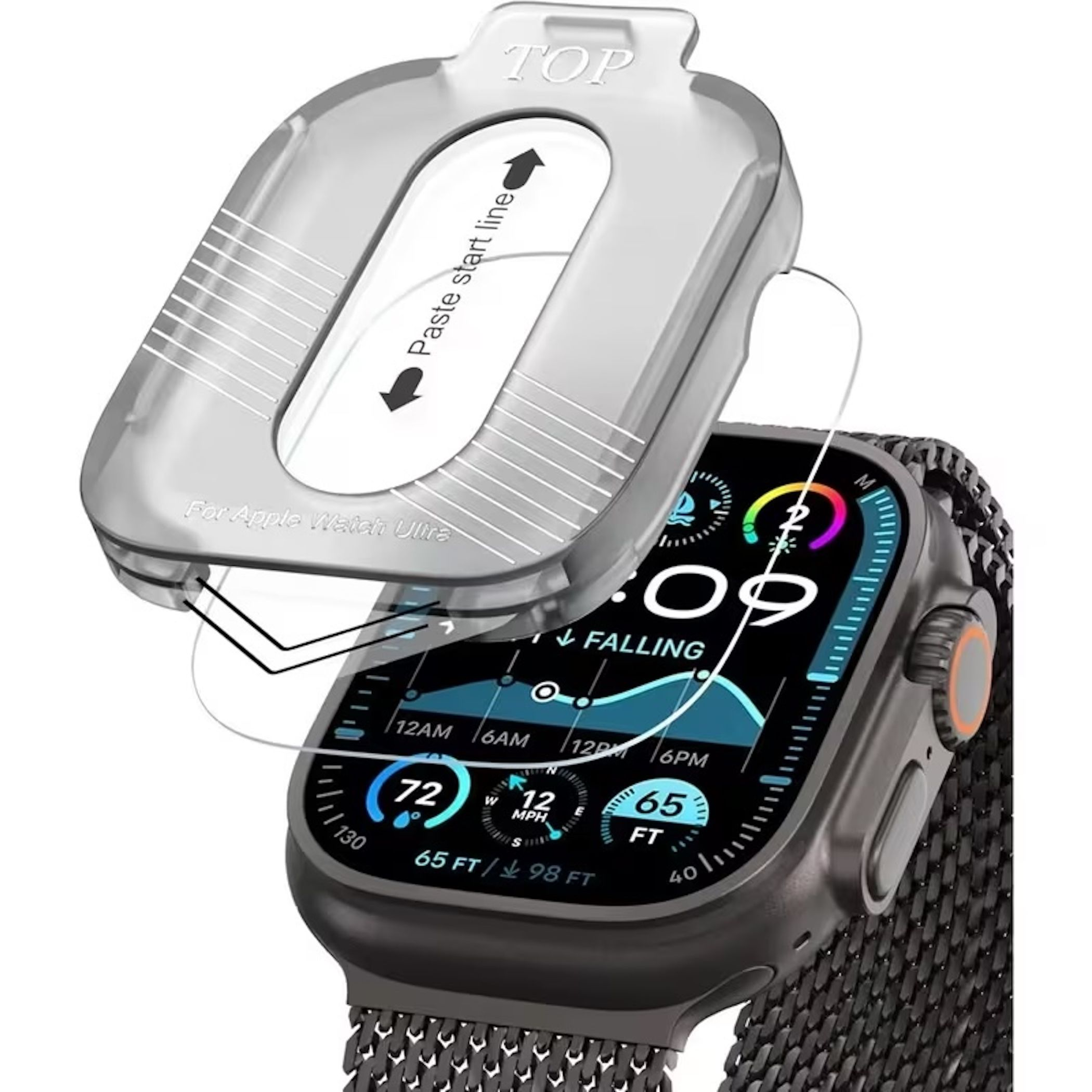 Ein Displayschutz für die Apple Watch Ultra mit Anleitung und Uhr-Display.
