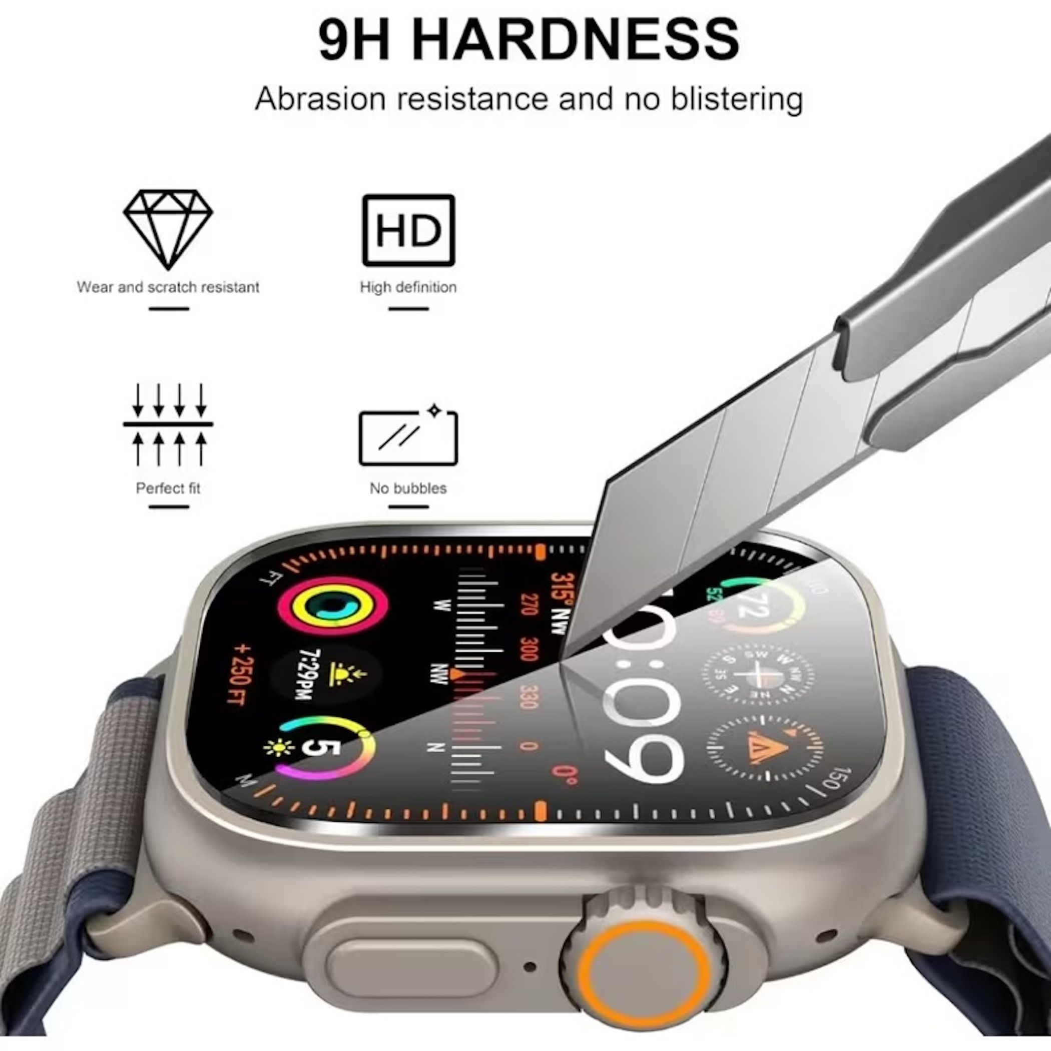 Ein Cutter kratzt über ein Smartwatch-Display mit Kompassanzeige.