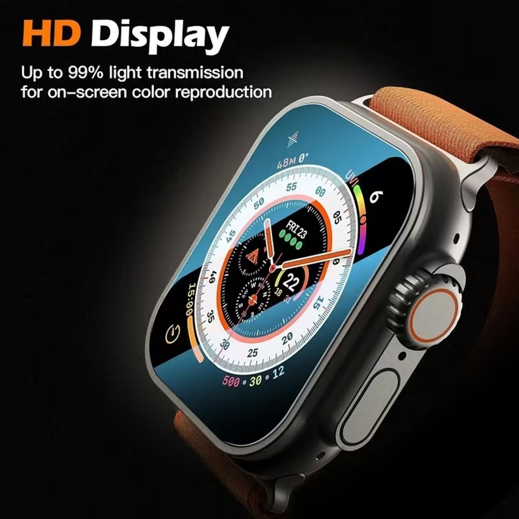 Eine Smartwatch mit HD-Display, orangefarbenem Armband und detailliertem Zifferblatt.