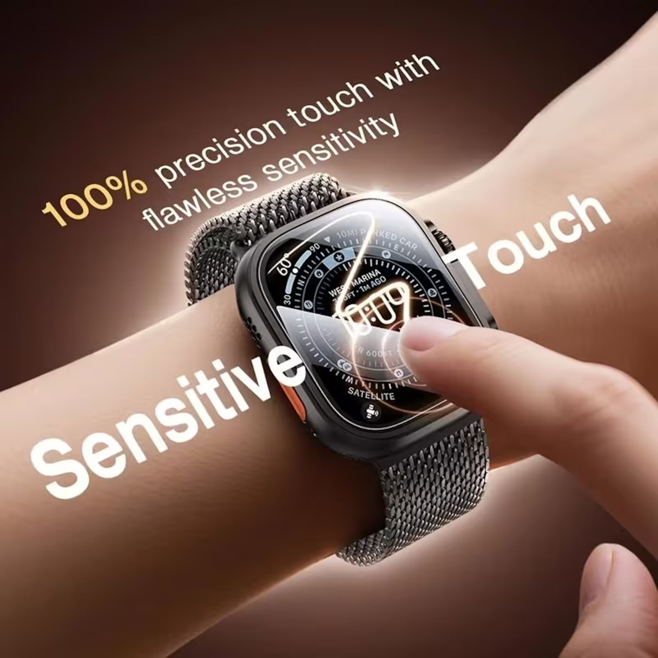 Eine Hand berührt eine Smartwatch mit silbernem Armband und dunklem Zifferblatt.