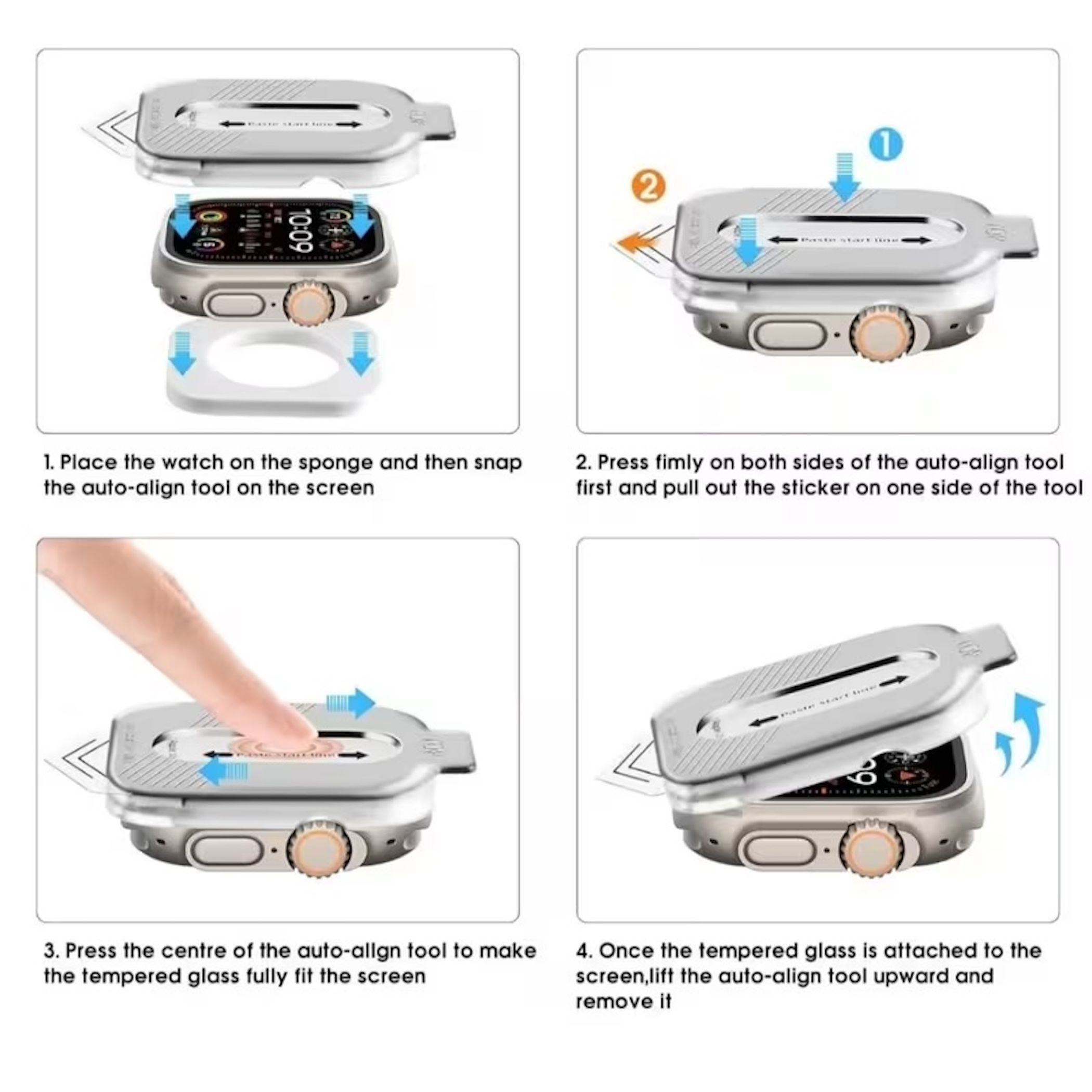 Anleitung: Displayschutzfolie für Smartwatch anbringen. Werkzeug verwenden.