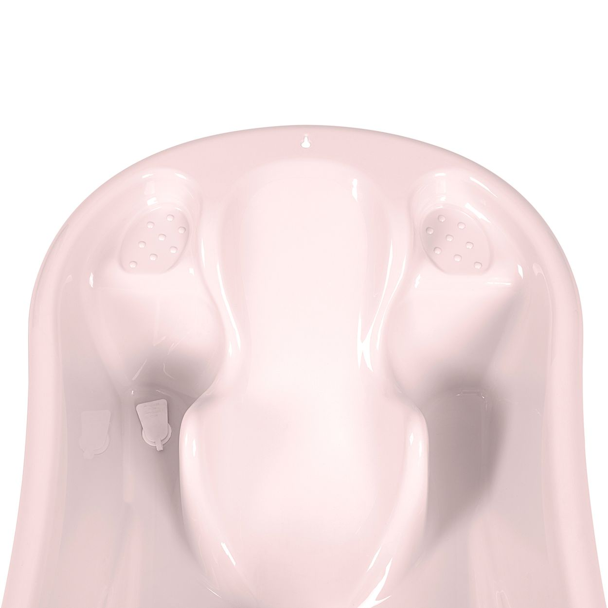 Eine rosa Babybadewanne mit Entwässerungslöchern und einer Sitzstütze.