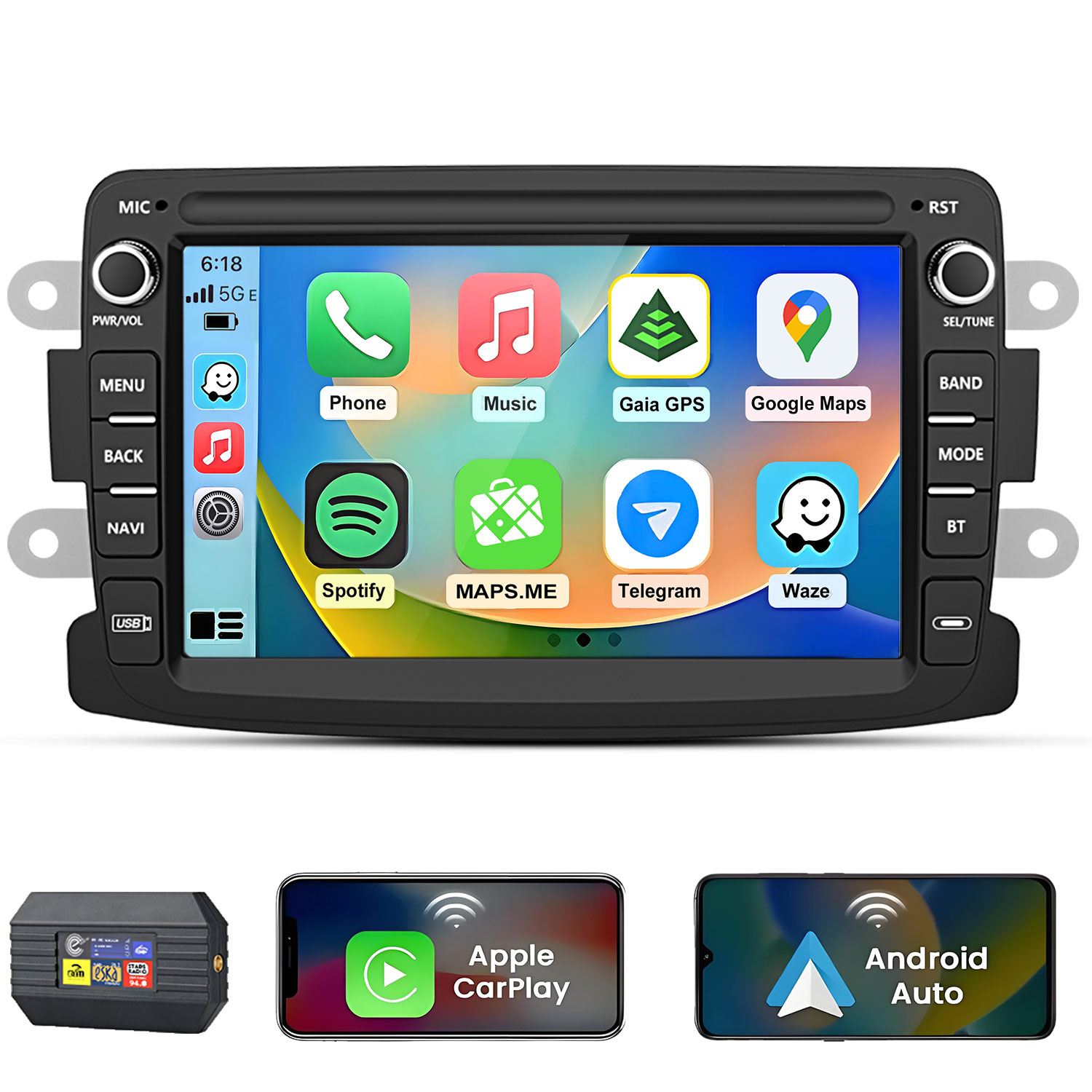 Ein Autoradio mit Apps wie Telefon, Musik, Gaia GPS, Google Maps, Spotify, Telegram, Waze.