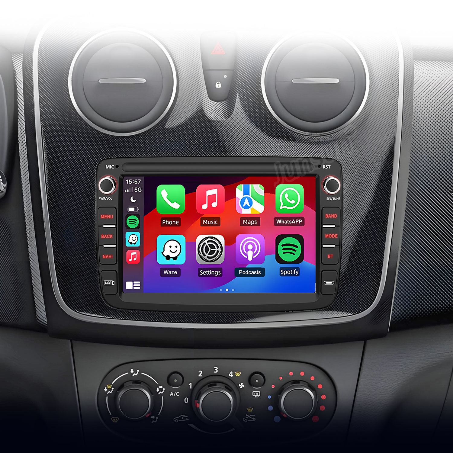 Auto-Infotainment-Bildschirm mit App-Symbolen: Telefon, Musik, Karten, WhatsApp, Waze, Einstellungen.