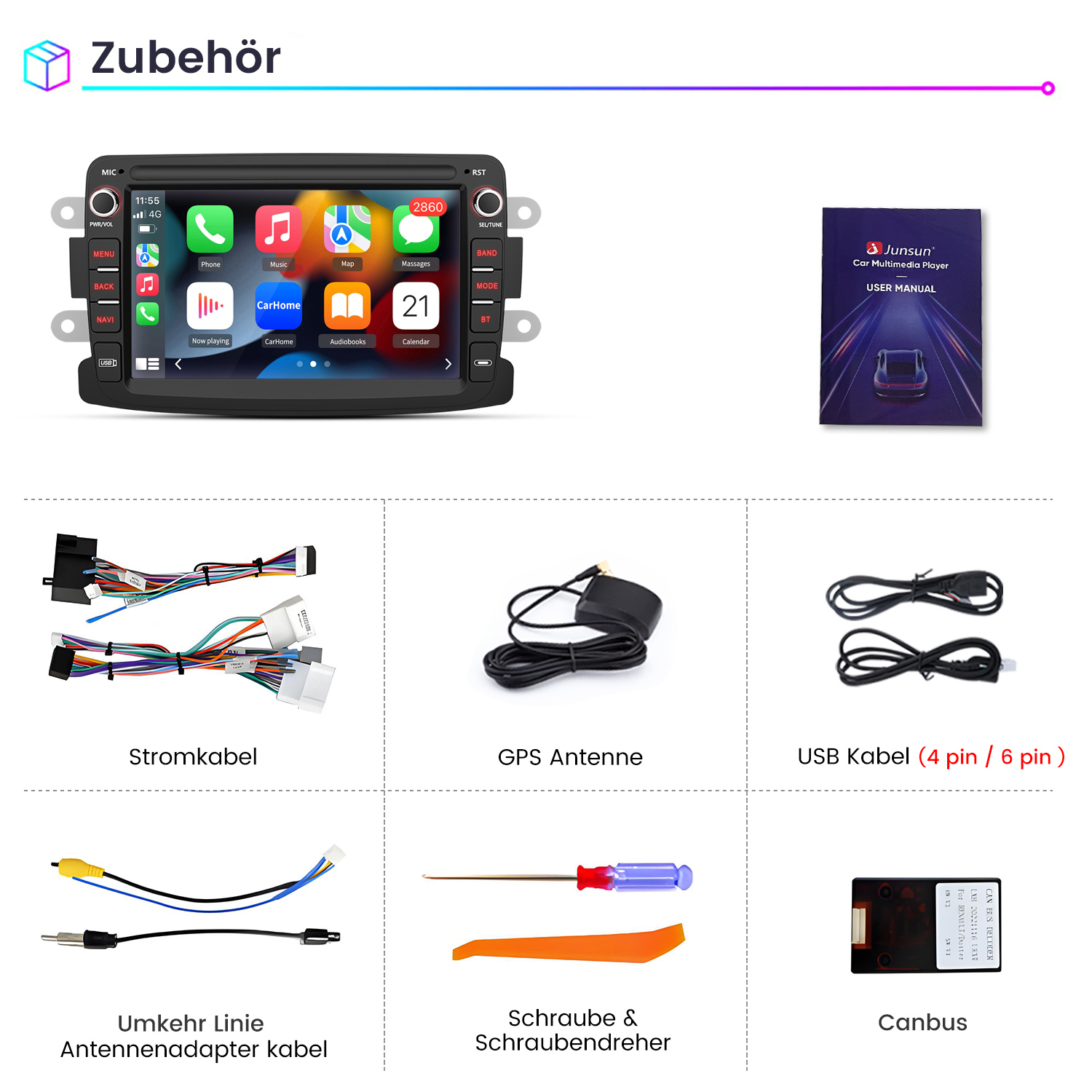 Zubehör: Autoradio, Kabel, GPS-Antenne, USB-Kabel, Schraubendreher, Canbus.