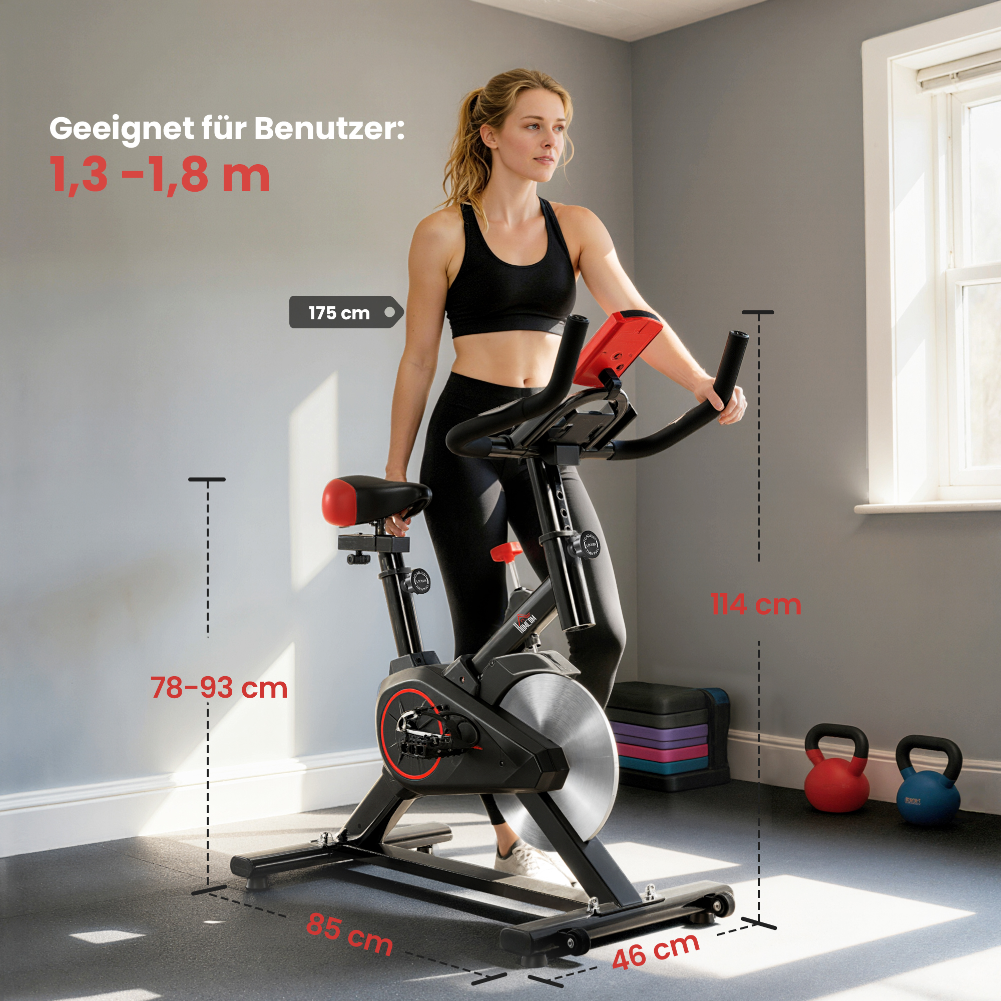 Frau auf einem Heimtrainer mit Maßen 78-93cm, 85cm, 114cm, 46cm und 175cm.