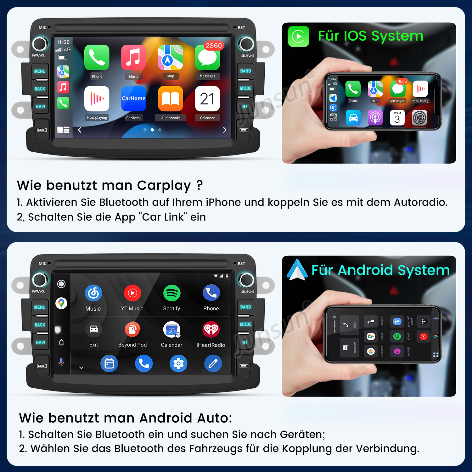 Zwei Auto-Infotainmentsysteme: Carplay für iOS und Android Auto, mit App-Icons und Anleitungen.