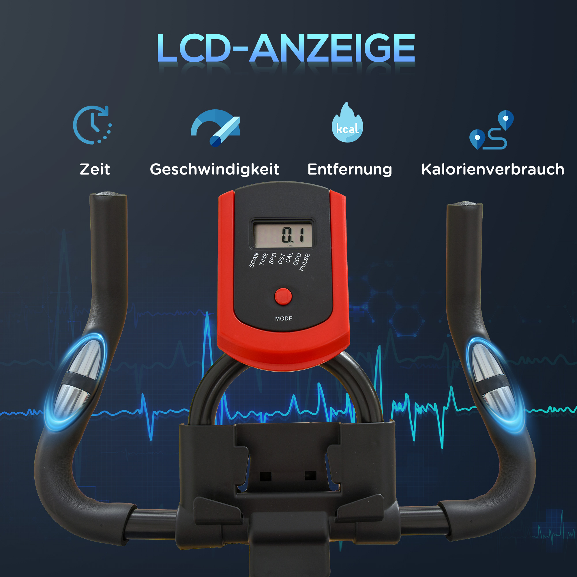 Fahrradcomputer-Anzeige mit Icons für Zeit, Geschwindigkeit, Entfernung, Kalorien.