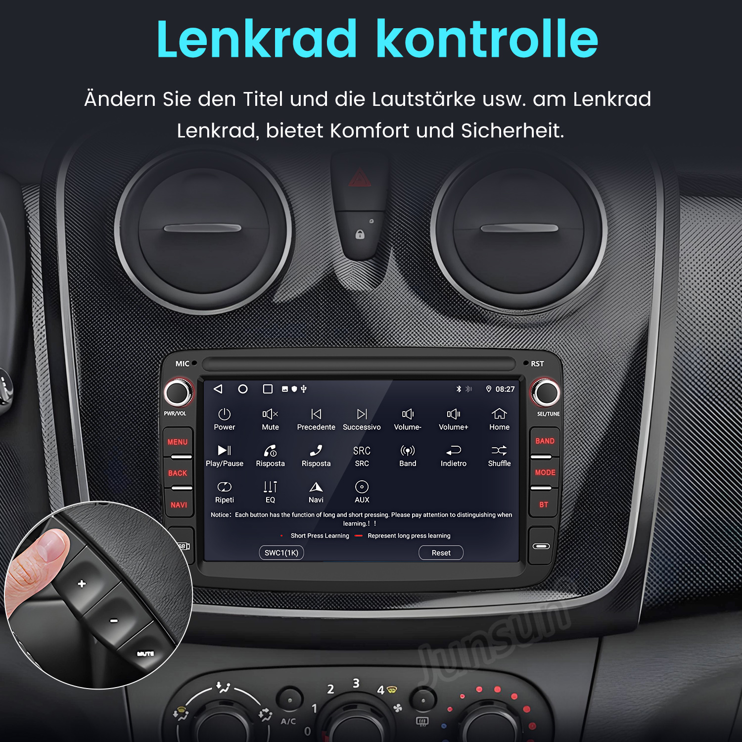 Autoinnenraum mit digitalem Infotainment-Bildschirm und Lenkradbedienung.