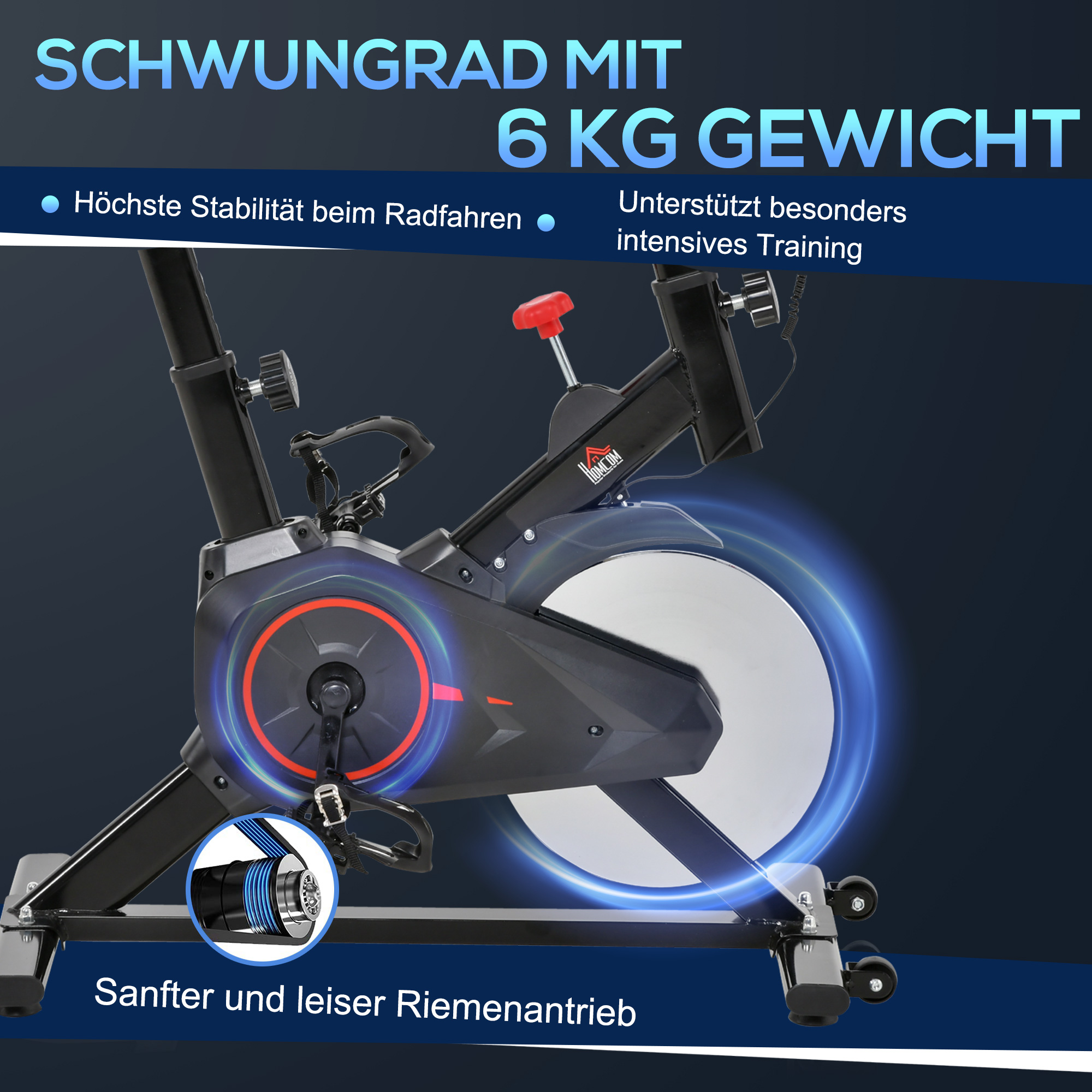 Schwarzes Heimtrainer-Fahrrad mit 6 kg Schwungrad und Riemenantrieb.