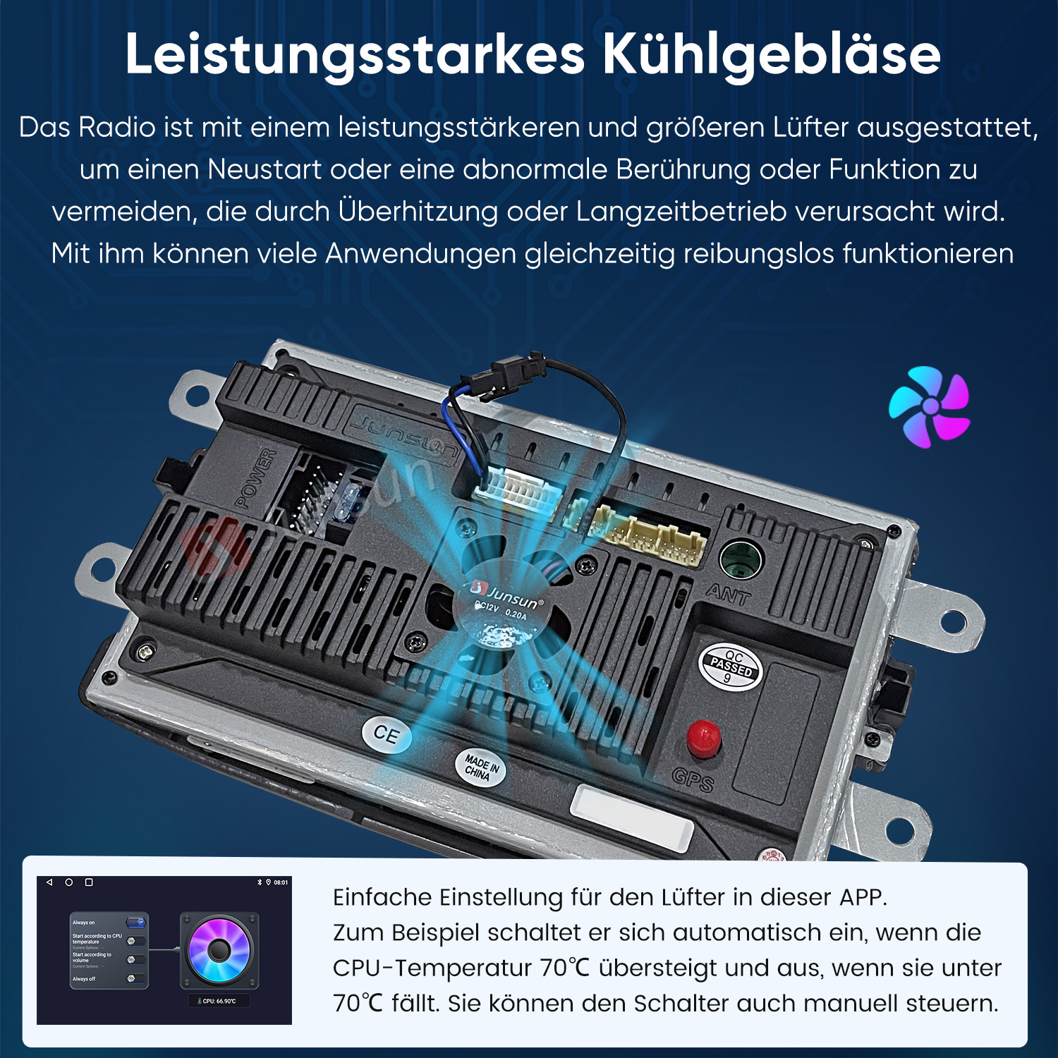 Rückseite eines Autoradios mit Lüfter, Kabeln und Anschlüssen. Eine App-Ansicht zeigt Lüftersteuerung.