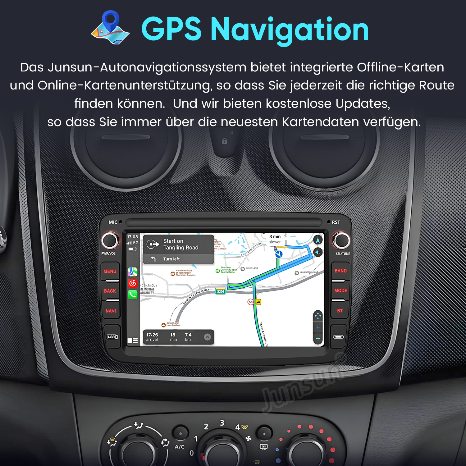 Armaturenbrett mit GPS-Navigationsbildschirm, der eine Route anzeigt.