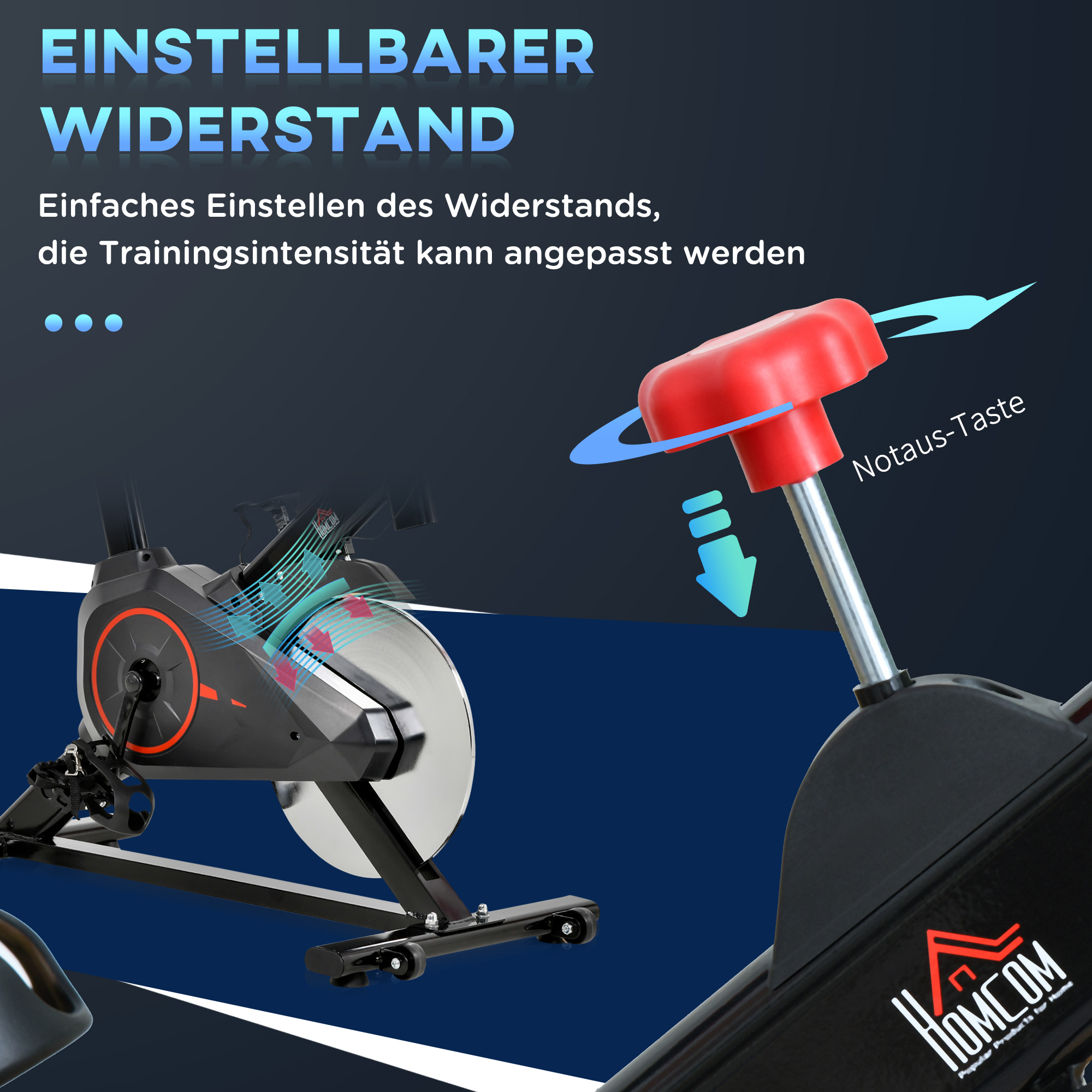 Ein Hometrainer mit einstellbarem Widerstand und rotem Not-Aus-Knopf.