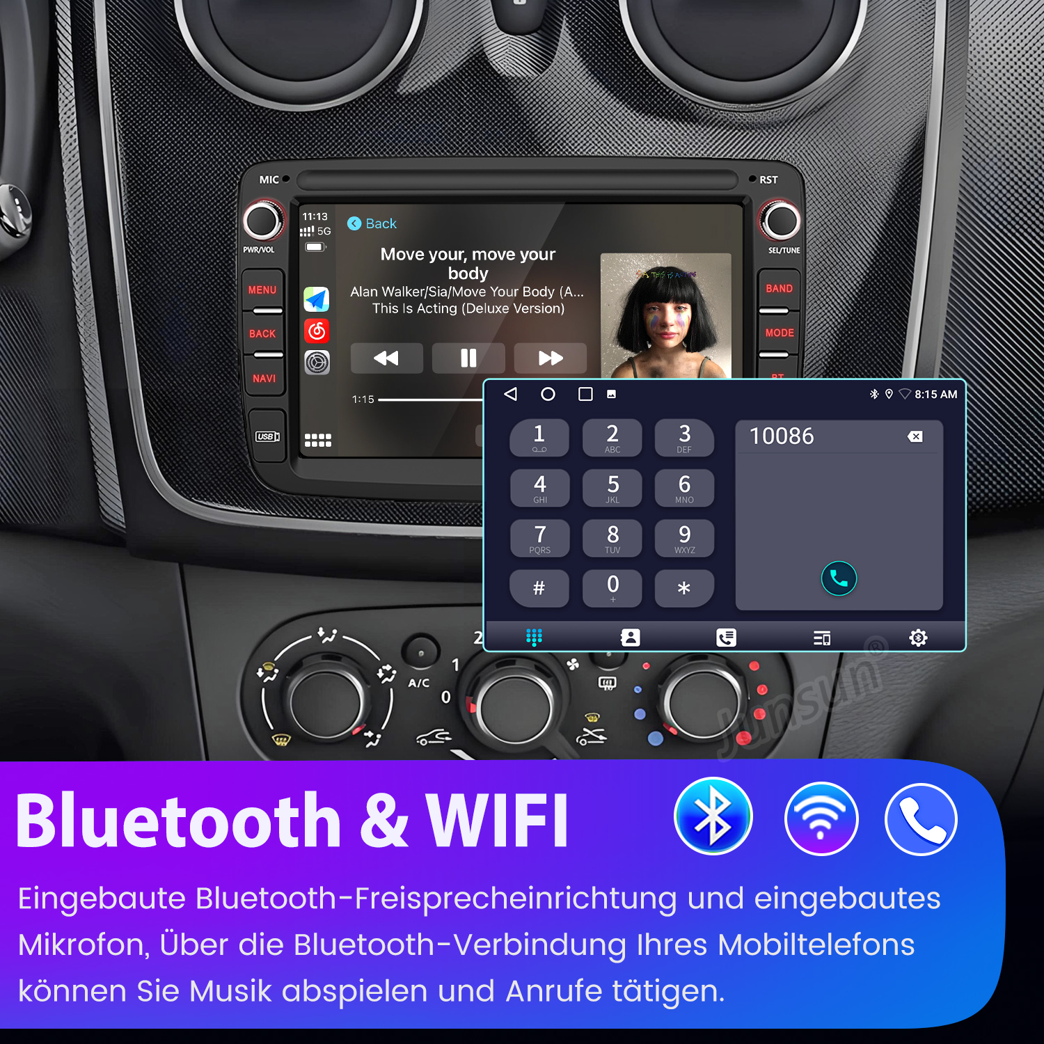 Autoinnenraum mit Touchscreen-Radio, das Musik und Telefon anzeigt. Unten steht 