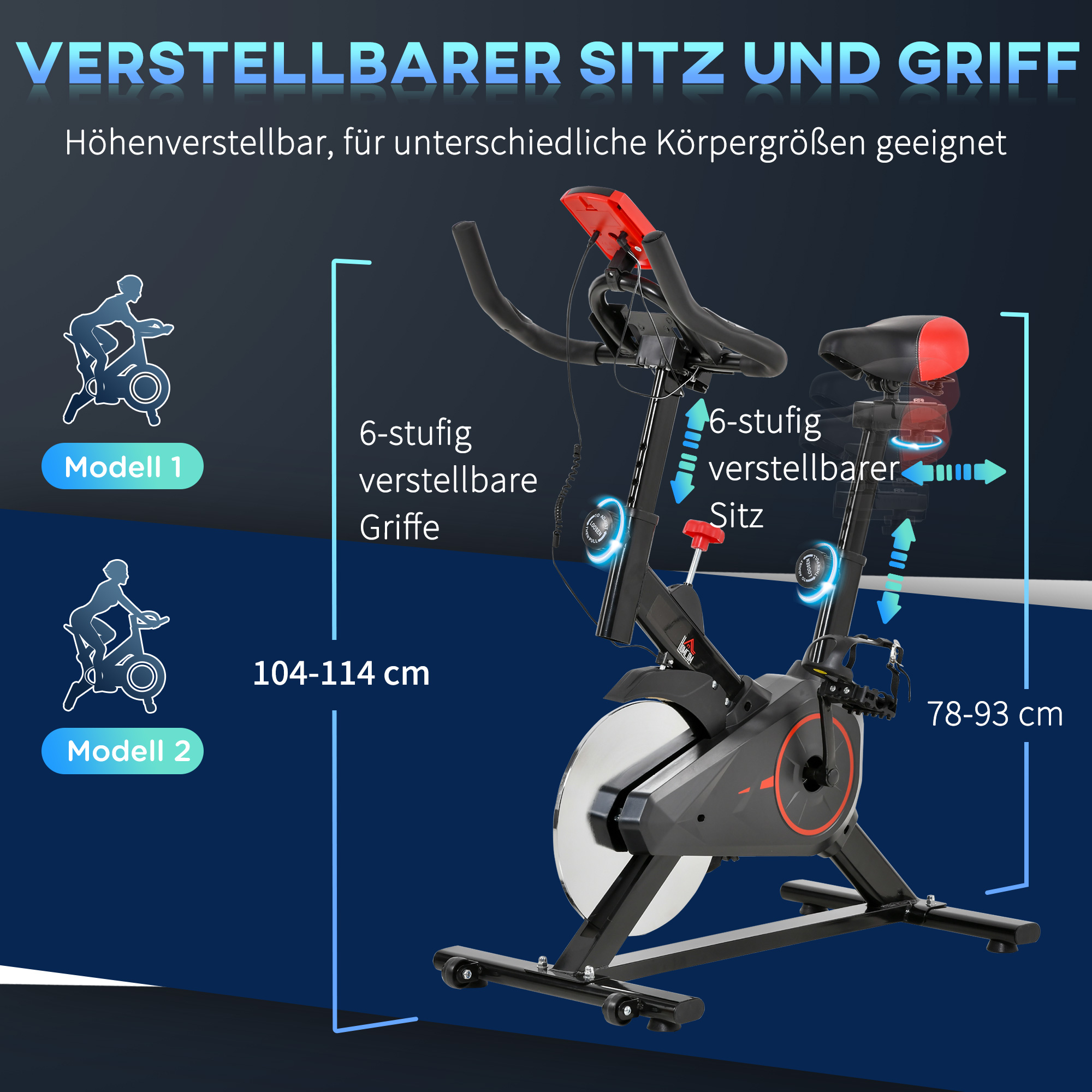 Ein schwarzes Trainingsrad mit roten Akzenten, verstellbarem Sitz und Griffen.