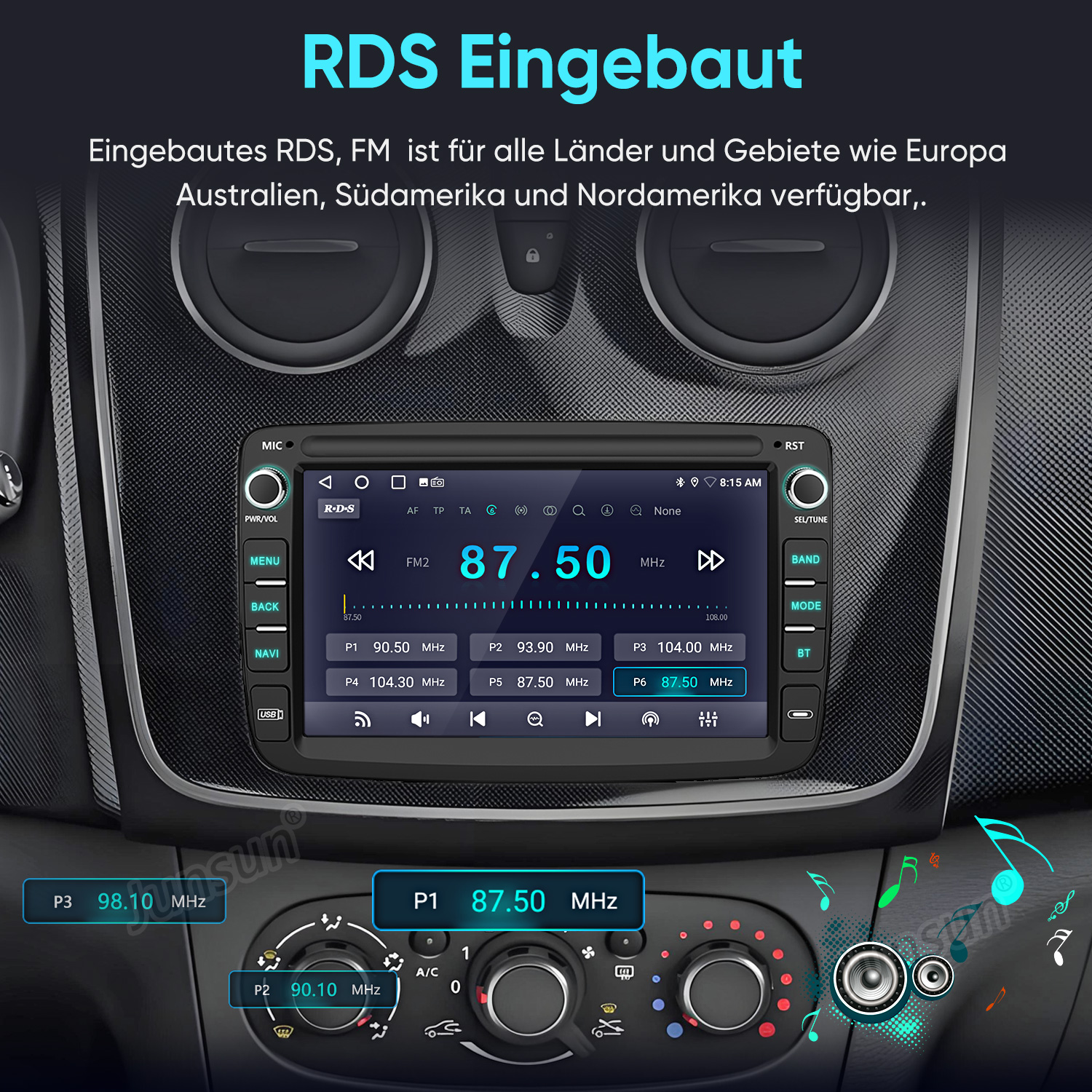 Autoradio mit Touchscreen zeigt FM-Sender 87.50 MHz an. Knöpfe darunter.