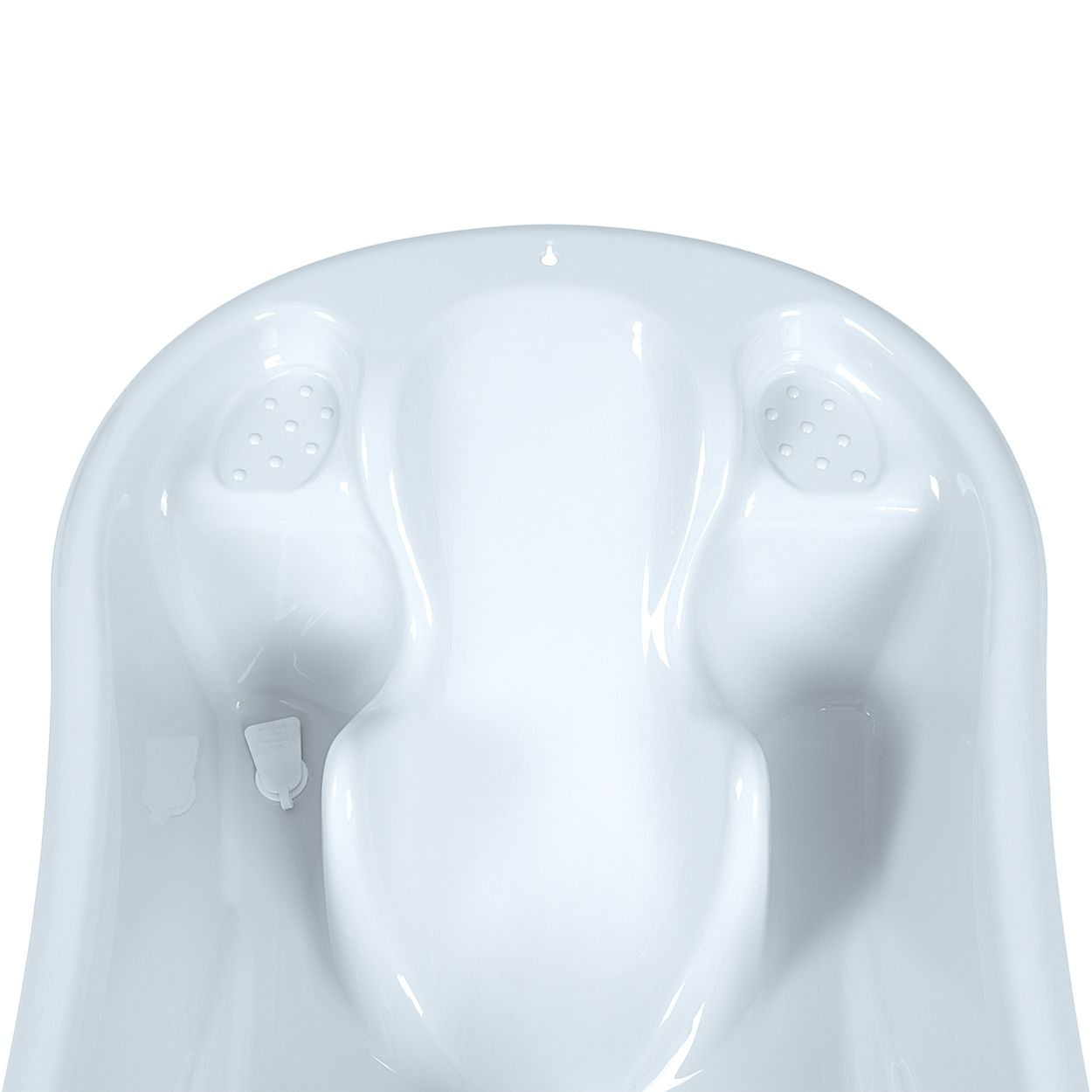 Weiße Babybadewanne mit ergonomischer Form und Ablauflöchern.